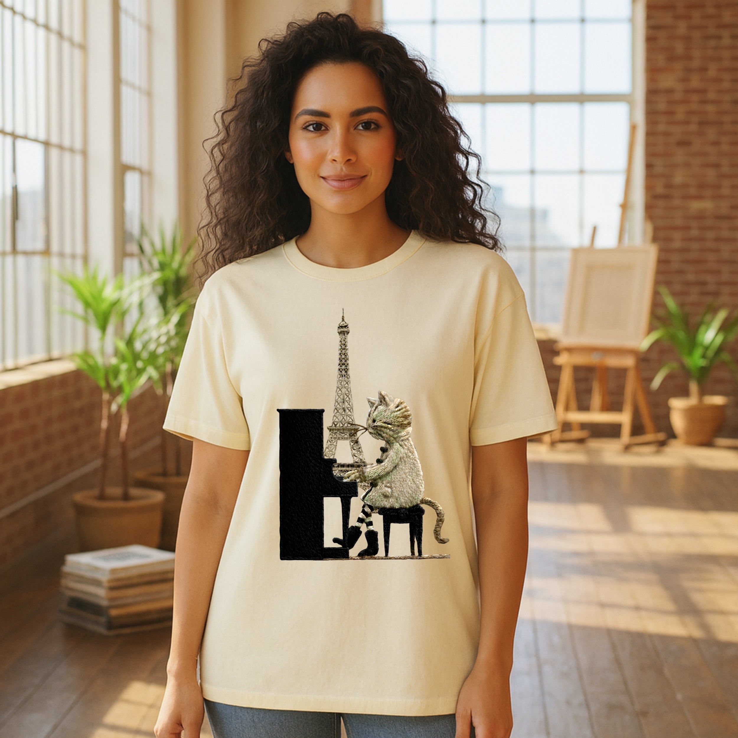 Paris Cat Plays Piano with Eiffel Tower Design Shirt