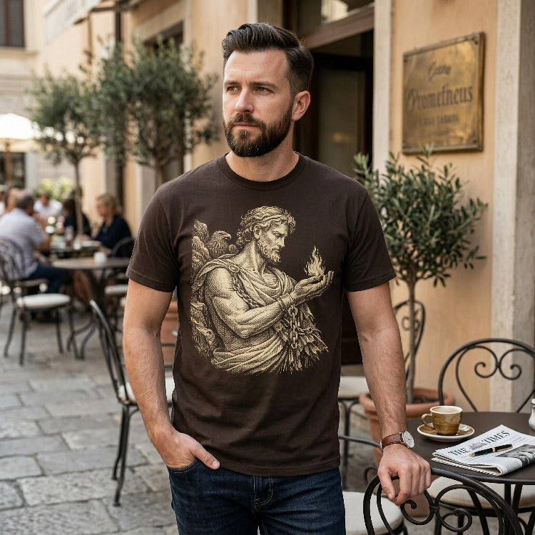 Man in brown t-shirt with Prometheus graphic, standing outdoors.
