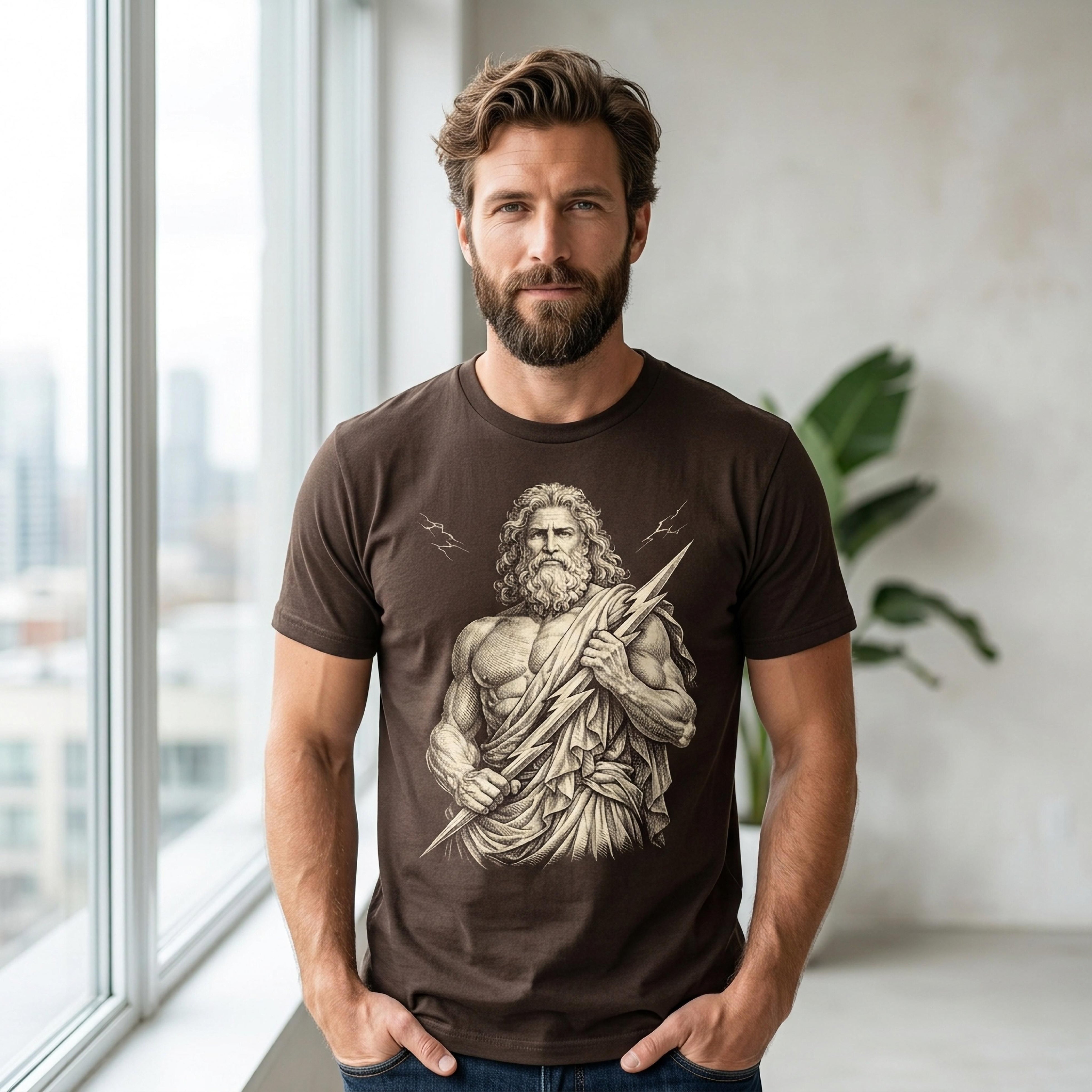 Man wearing brown t-shirt with Zeus graphic holding a lightning bolt.