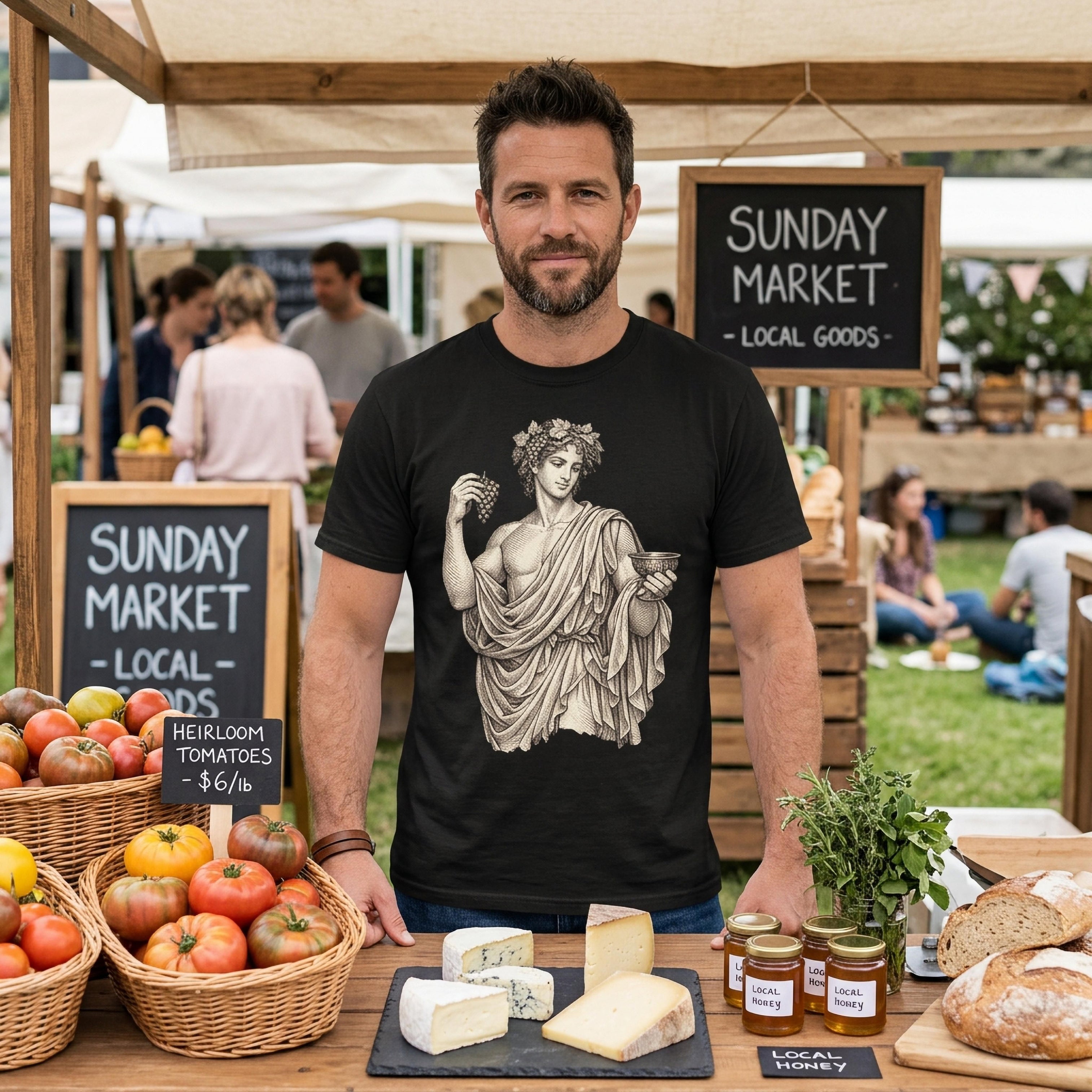 Man wearing a t-shirt with a classical figure, behind a market stall with tomatoes and cheese.