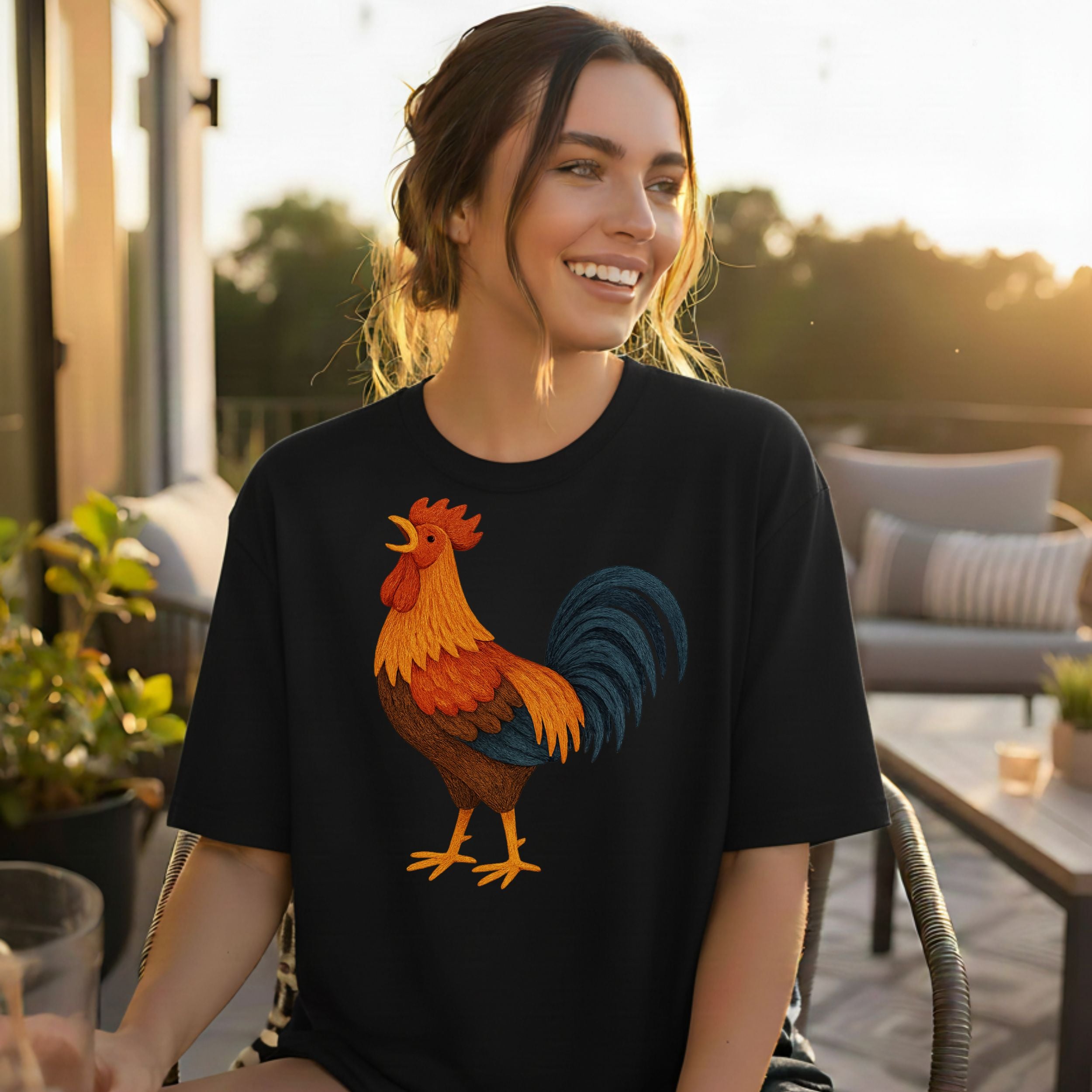 Colorful Rooster Graphic Print on Casual T-Shirt