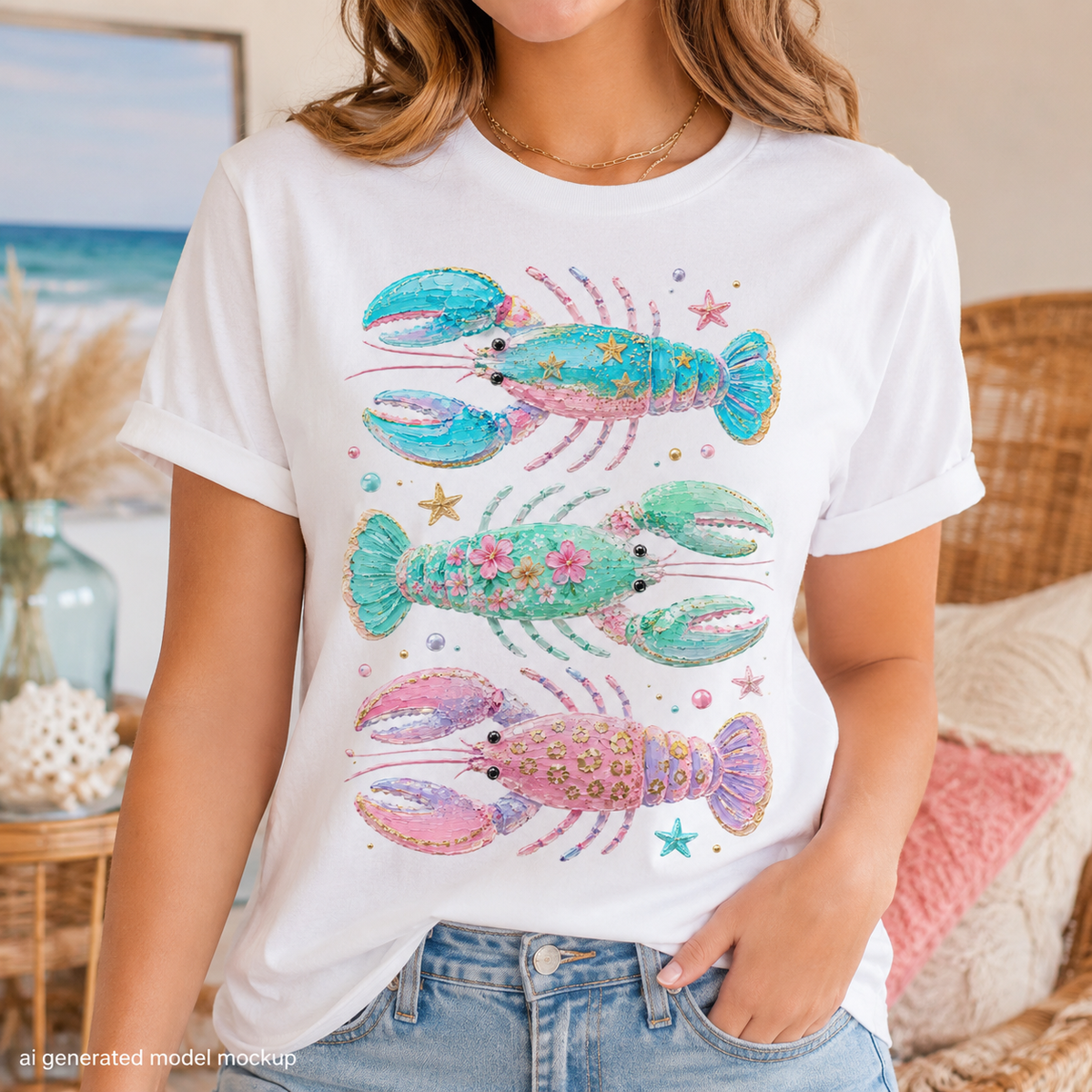 White t-shirt featuring three colorful lobsters with glitter accents and starfish.