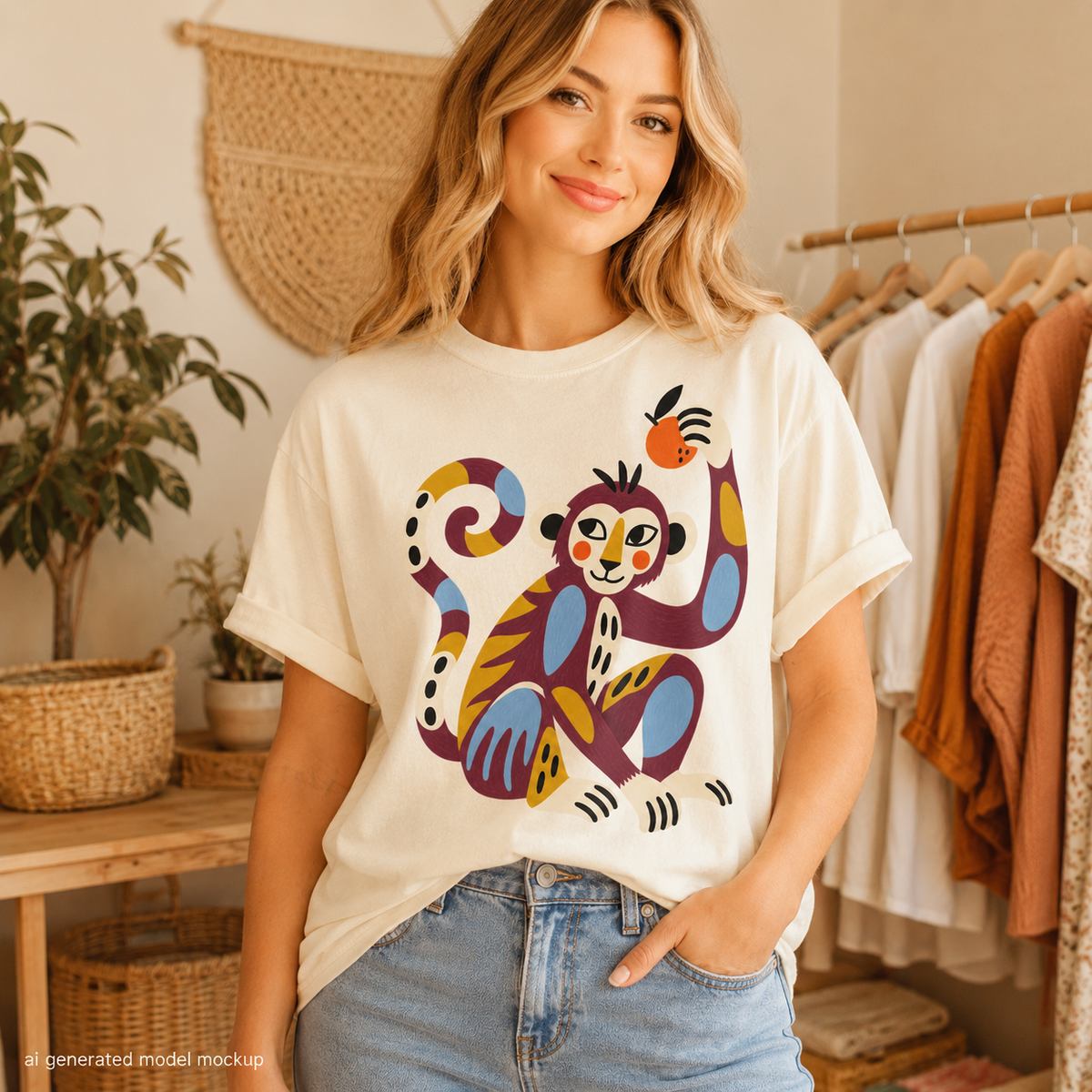 Cream t-shirt with a colorful monkey graphic holding an orange.