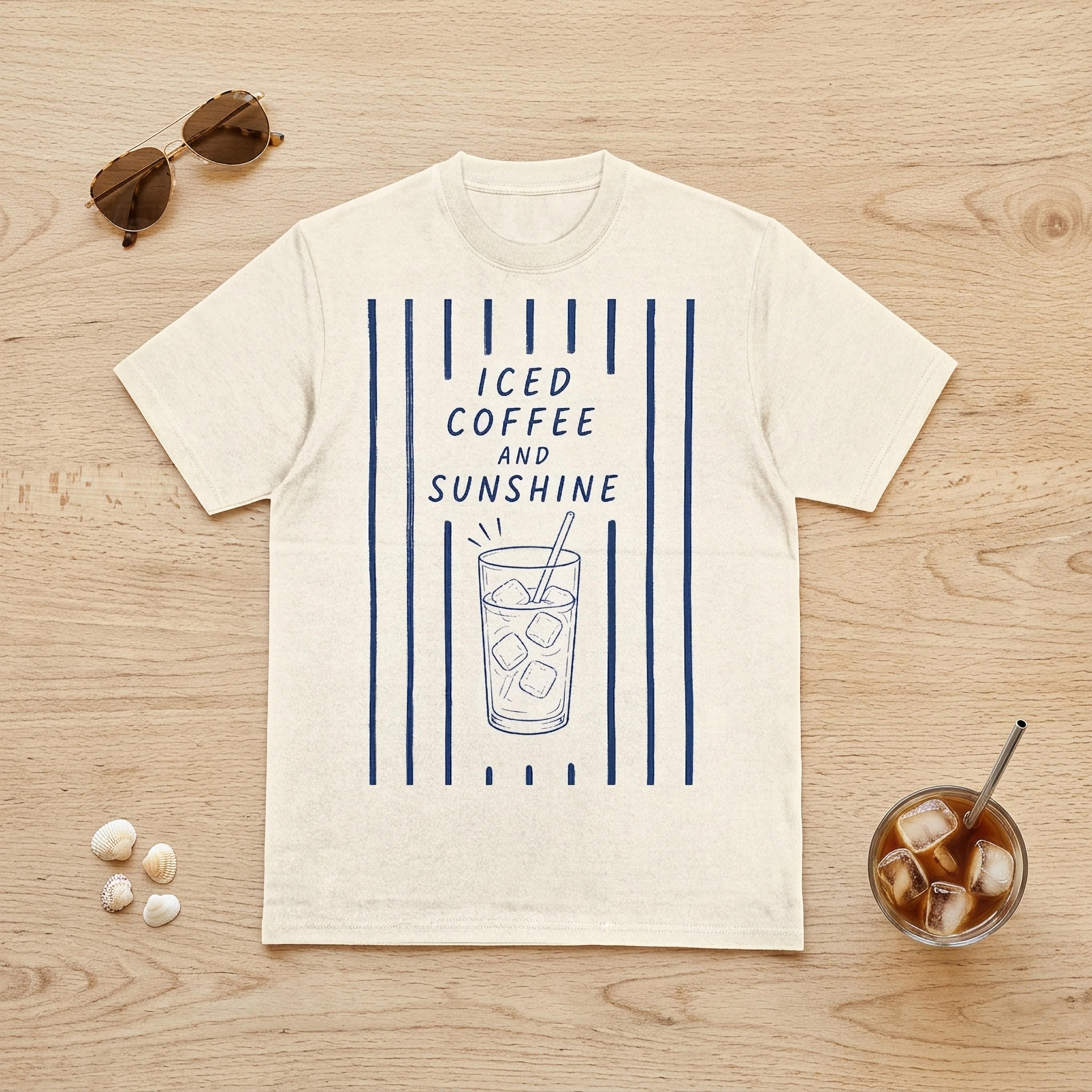 Iced coffee and sunshine graphic on a cream t-shirt with vertical stripes.