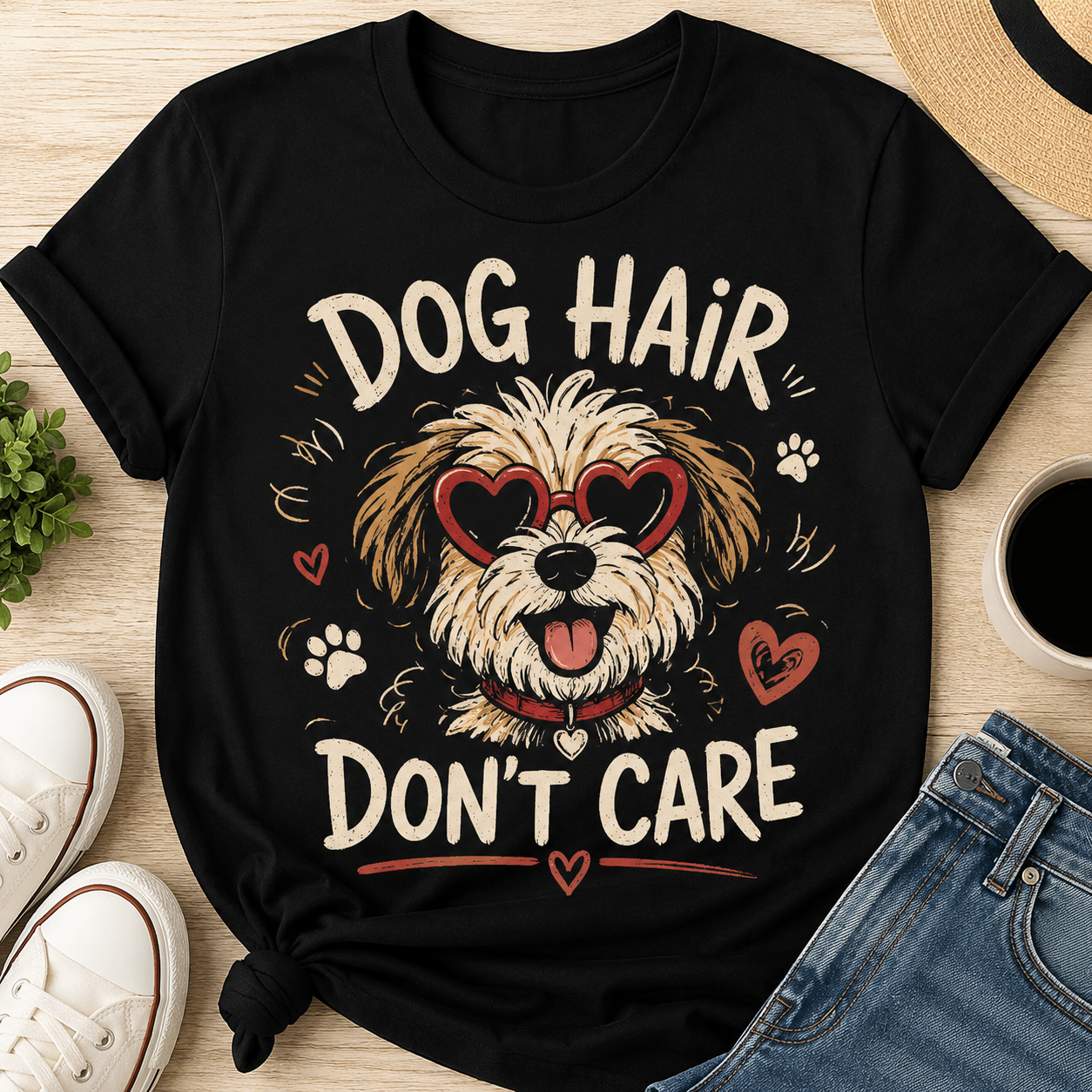 Black t-shirt with "Dog Hair Don't Care" and a dog wearing heart sunglasses.