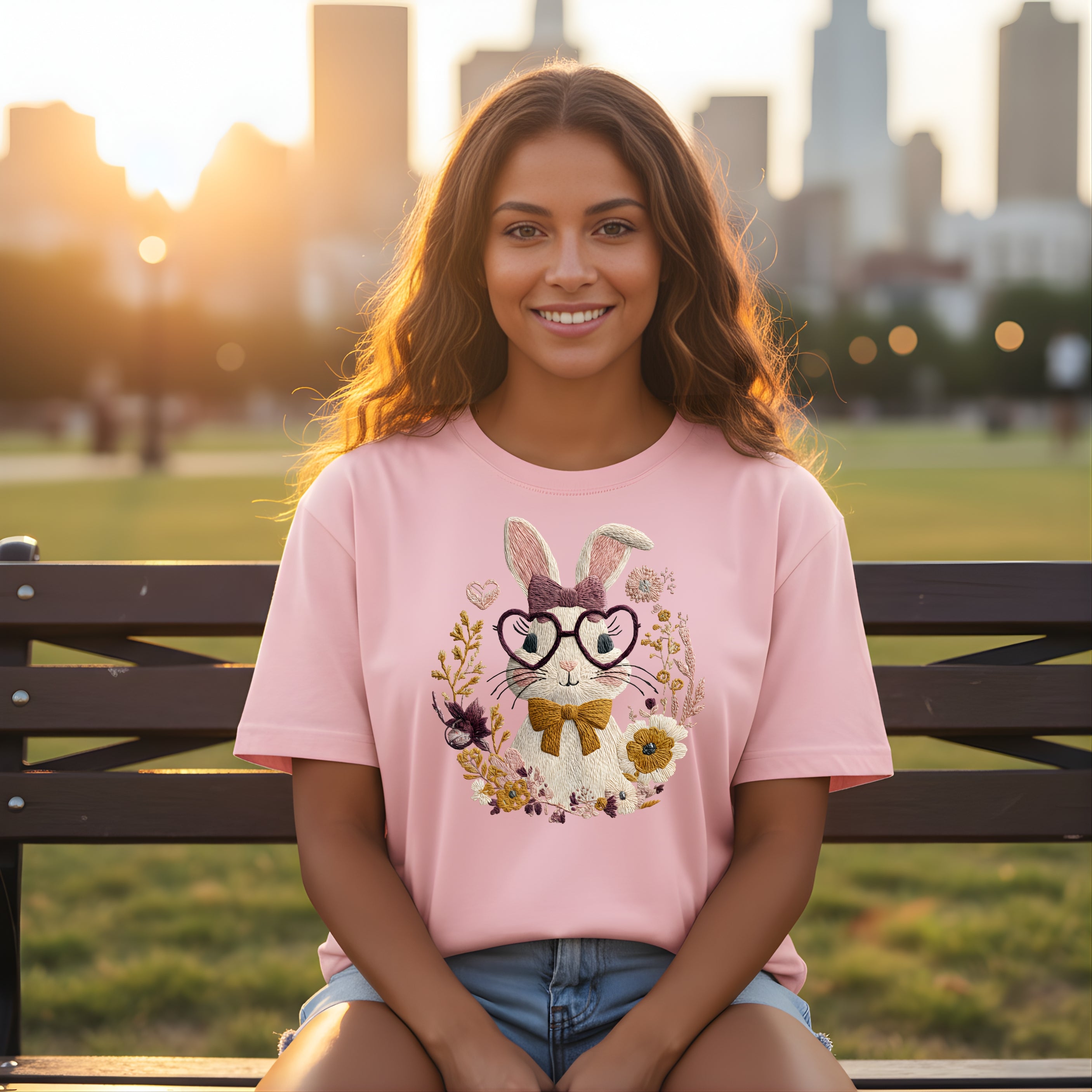 Cute Bunny Glasses and Flowers Graphic T-Shirt