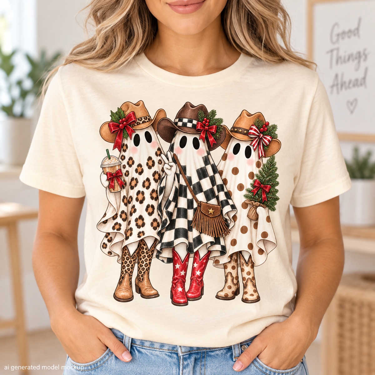 Three cowboy ghosts in hats holding a drink, peace sign, and Christmas tree.