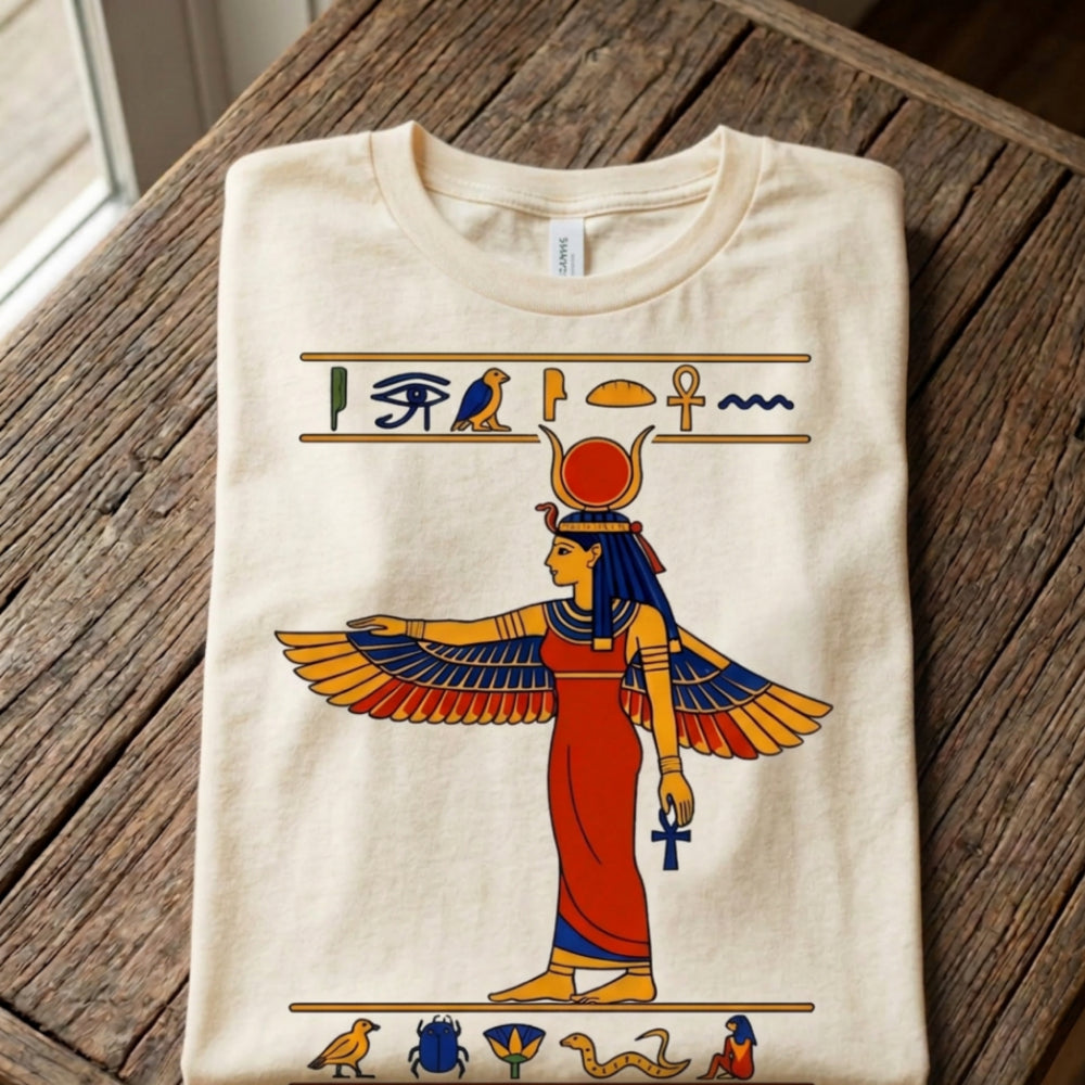 Cream t-shirt with Egyptian hieroglyphs and goddess Isis illustration.