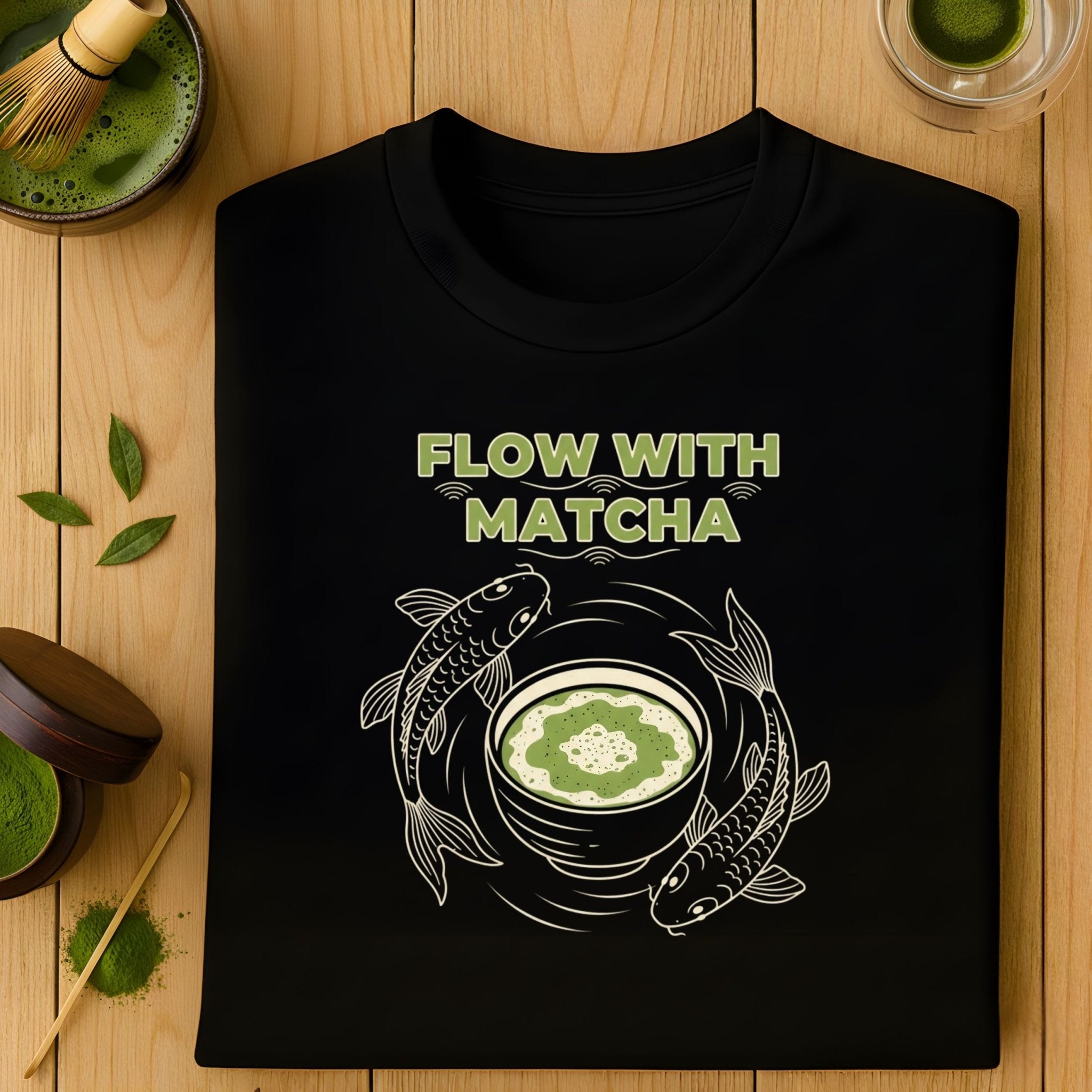 Flow With Matcha T-Shirt, Koi Fish Tee, Matcha Lover Gift, Japanese Tea Shirt, Zen Style Shirt, Aesthetic Tee, Unique Matcha T-Shirt - Craig Michael Design