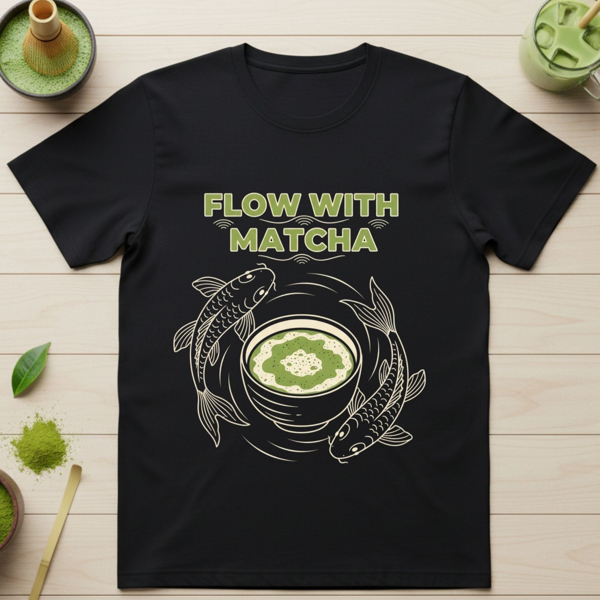 Flow With Matcha T-Shirt, Koi Fish Tee, Matcha Lover Gift, Japanese Tea Shirt, Zen Style Shirt, Aesthetic Tee, Unique Matcha T-Shirt - Craig Michael Design