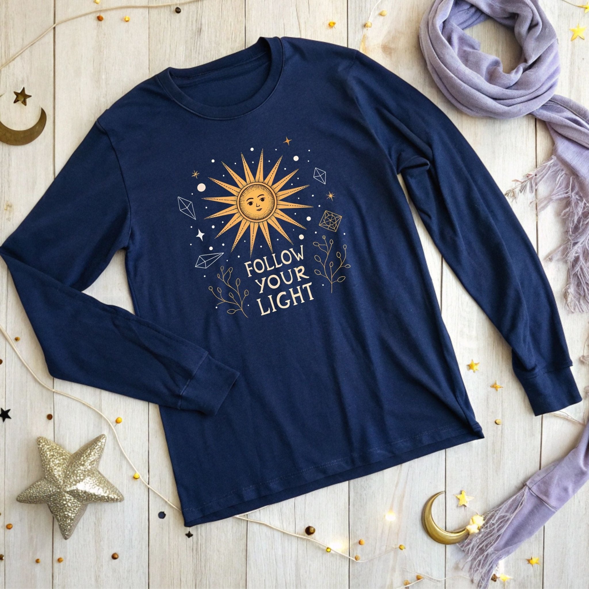 🌞 Follow Your Light Long Sleeve T-Shirt – Celestial Style for Free Spirits - Craig Michael Design