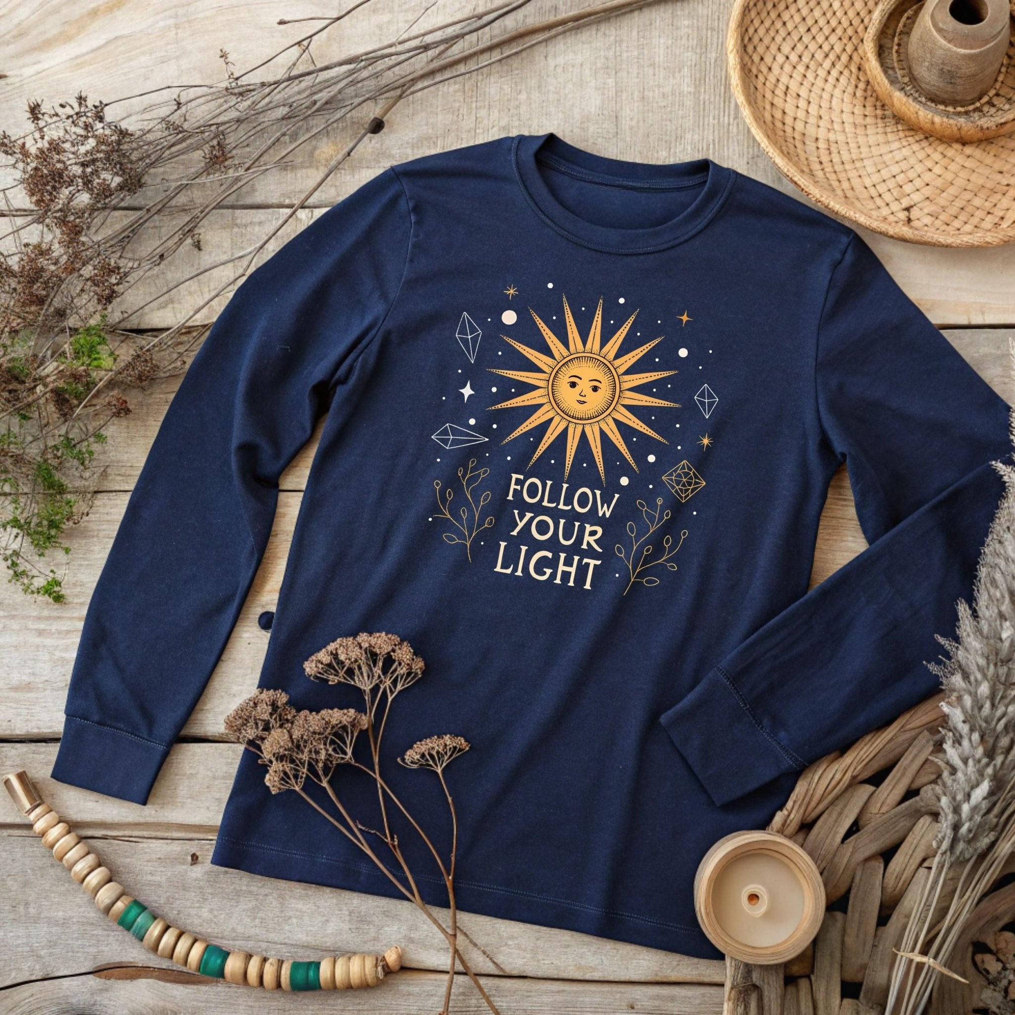 🌞 Follow Your Light Long Sleeve T-Shirt – Celestial Style for Free Spirits - Craig Michael Design