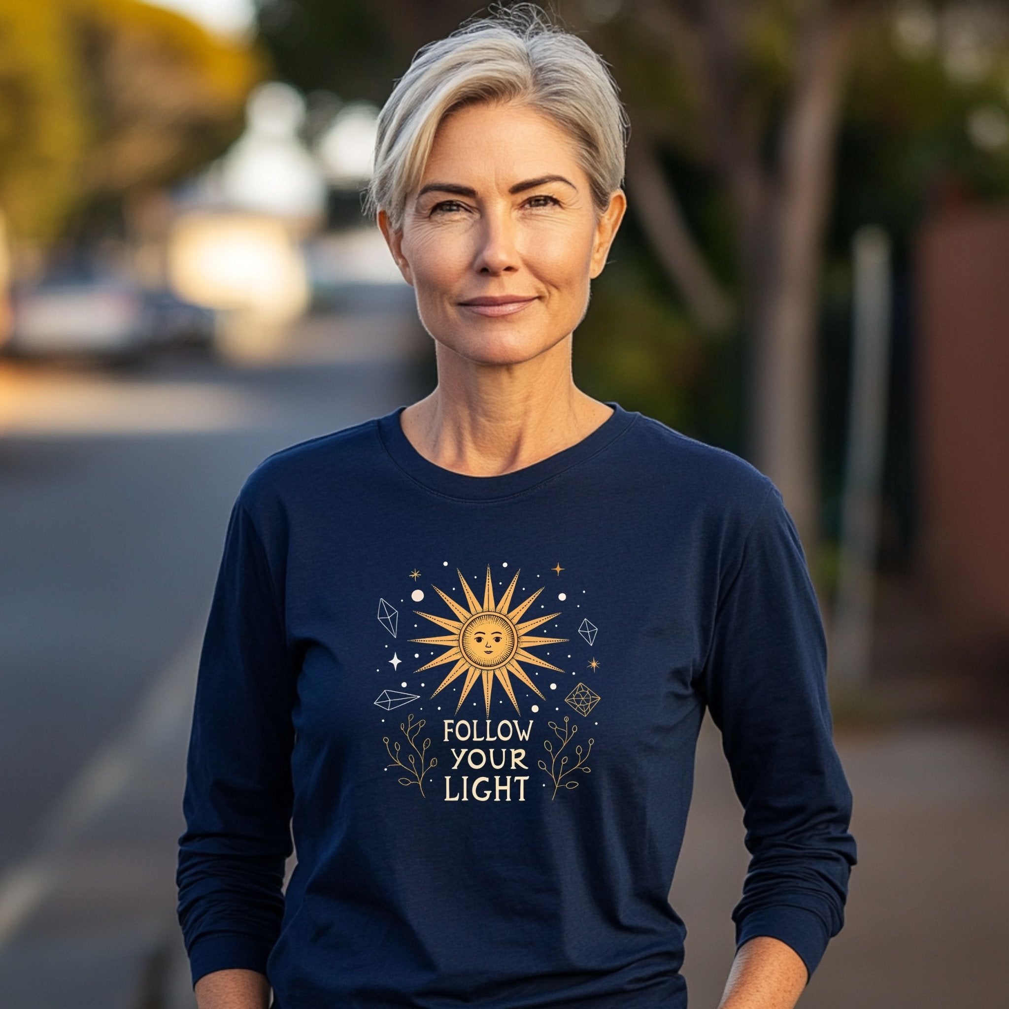 🌞 Follow Your Light Long Sleeve T-Shirt – Celestial Style for Free Spirits - Craig Michael Design