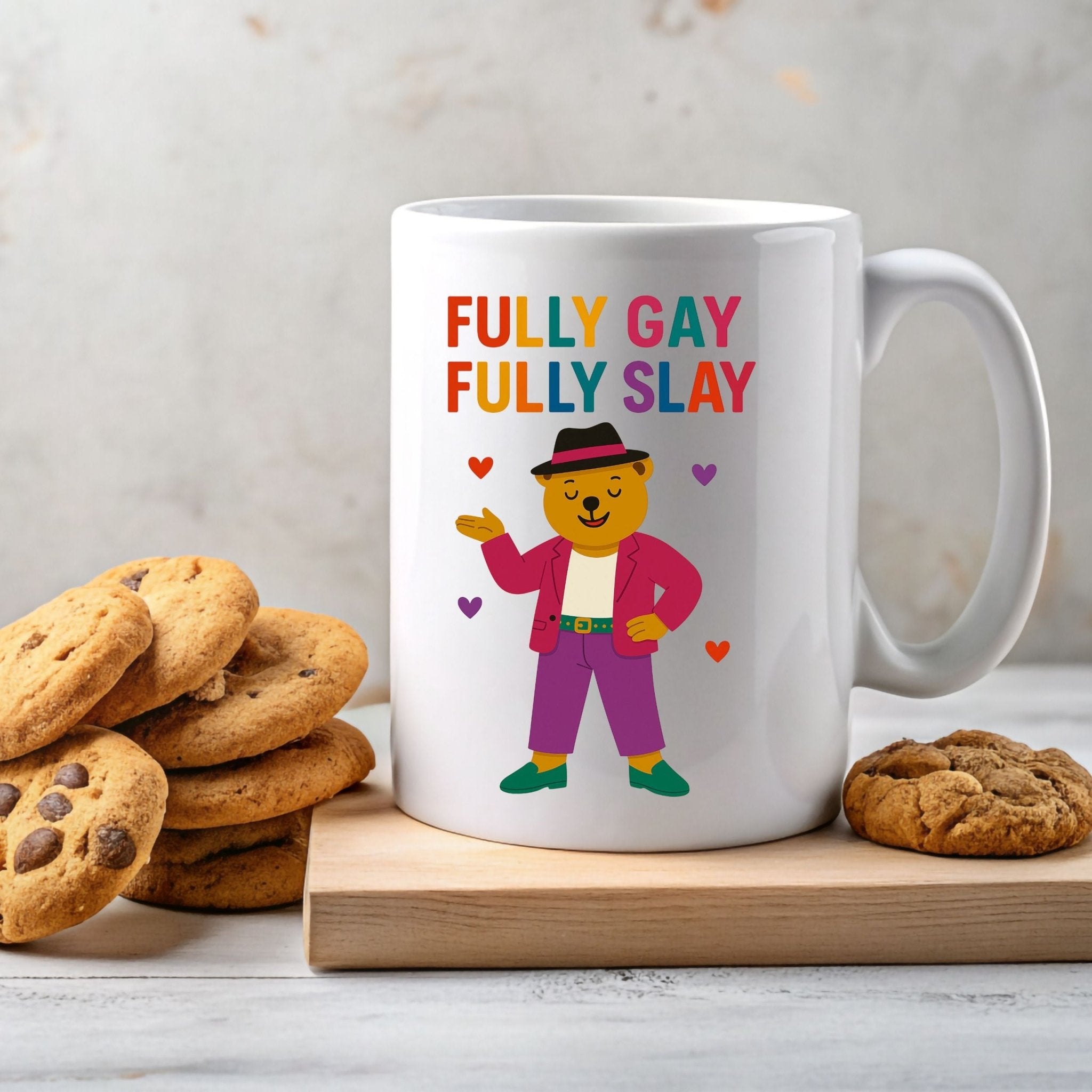 Fully Gay Fully Slay Mug, Funny LGBTQ Coffee Cup for Him, Colourful Queer Pride Bear Gift - Craig Michael Design