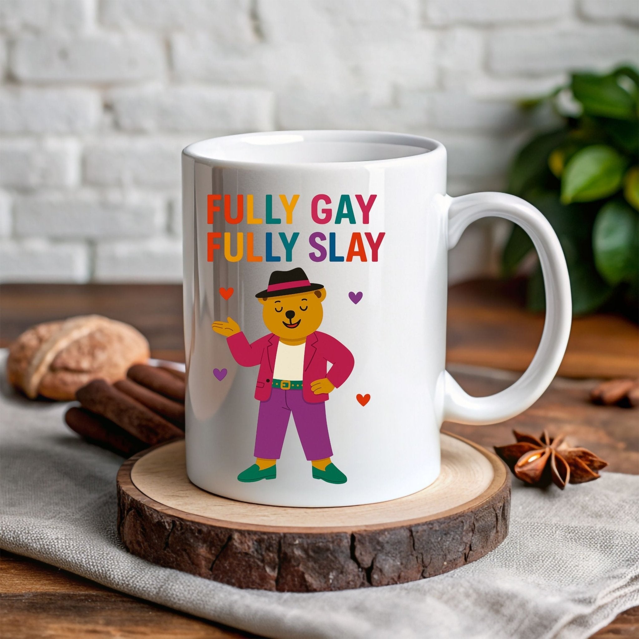 Fully Gay Fully Slay Mug, Funny LGBTQ Coffee Cup for Him, Colourful Queer Pride Bear Gift - Craig Michael Design