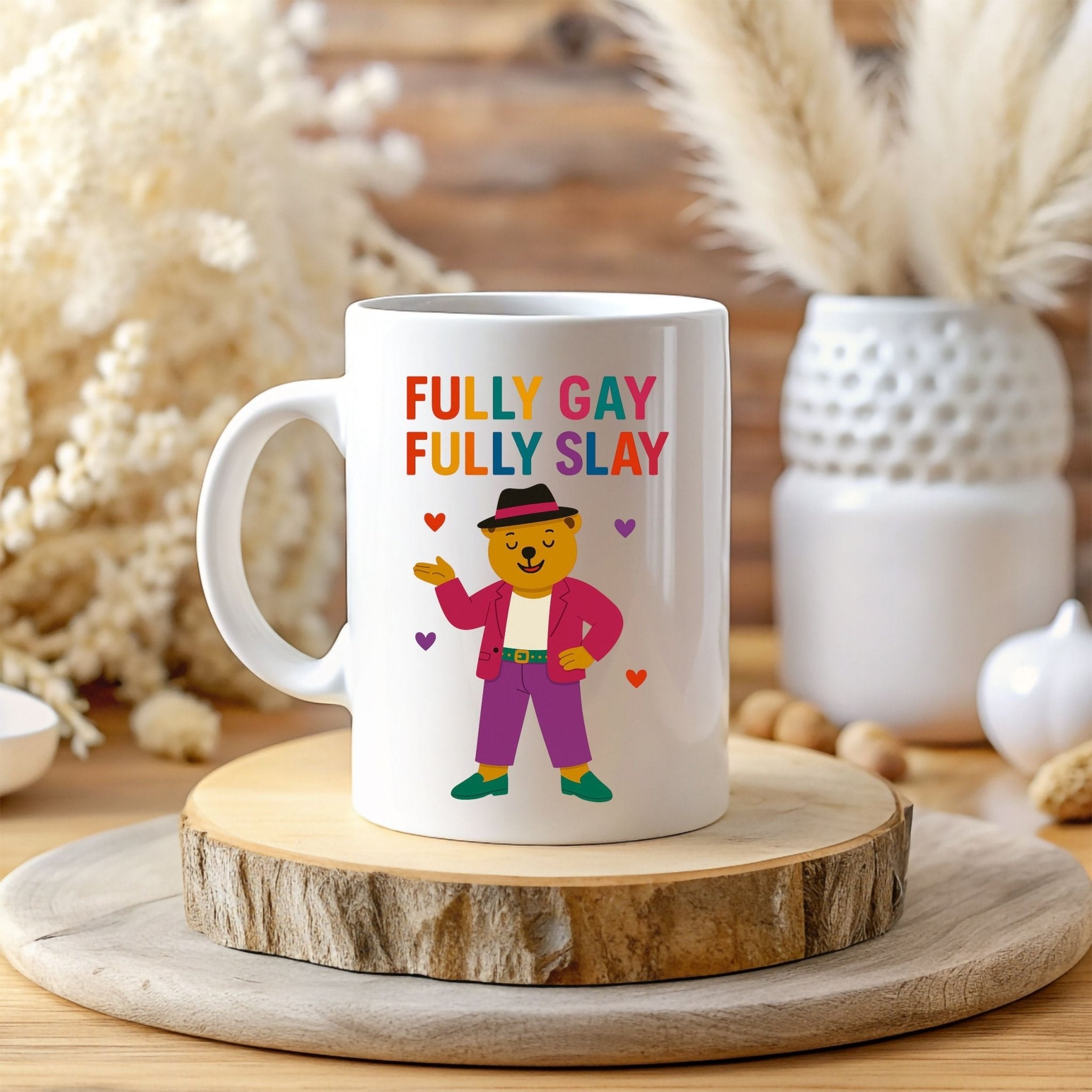 Fully Gay Fully Slay Mug, Funny LGBTQ Coffee Cup for Him, Colourful Queer Pride Bear Gift - Craig Michael Design