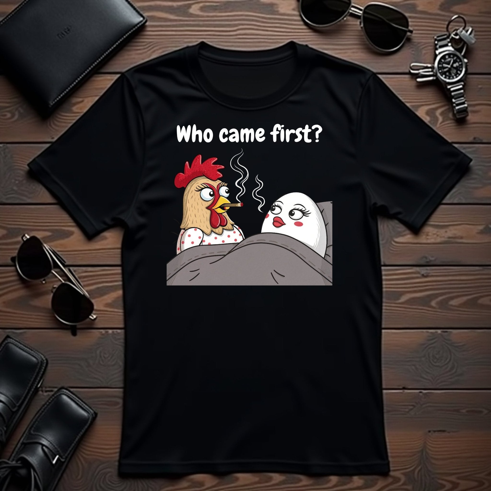 Funny Chicken and Egg in Bed T-Shirt, Comical Hen and Egg Smoking Design, Hilarious Graphic Tee, Unique Gift for Poultry Lovers - Craig Michael Design