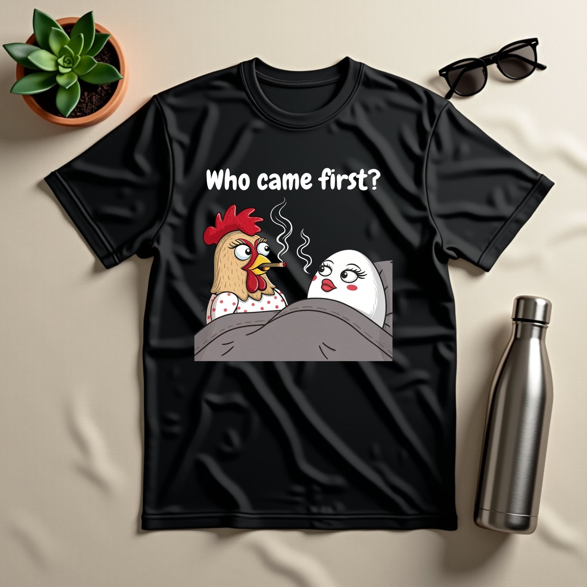 Funny Chicken and Egg in Bed T-Shirt, Comical Hen and Egg Smoking Design, Hilarious Graphic Tee, Unique Gift for Poultry Lovers - Craig Michael Design