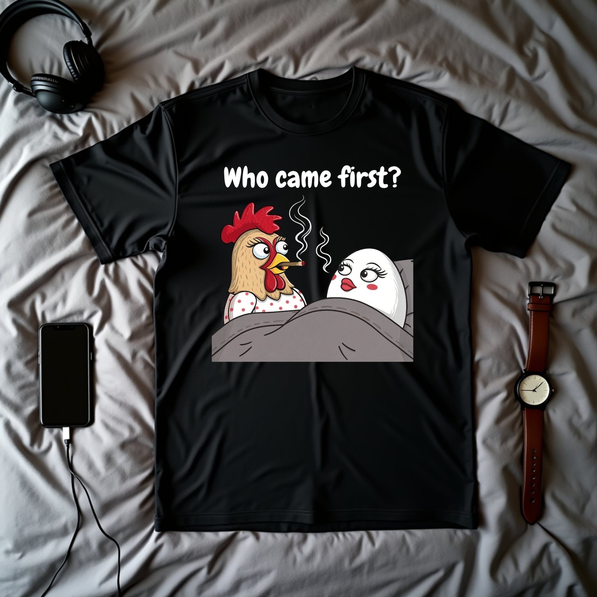 Funny Chicken and Egg in Bed T-Shirt, Comical Hen and Egg Smoking Design, Hilarious Graphic Tee, Unique Gift for Poultry Lovers - Craig Michael Design