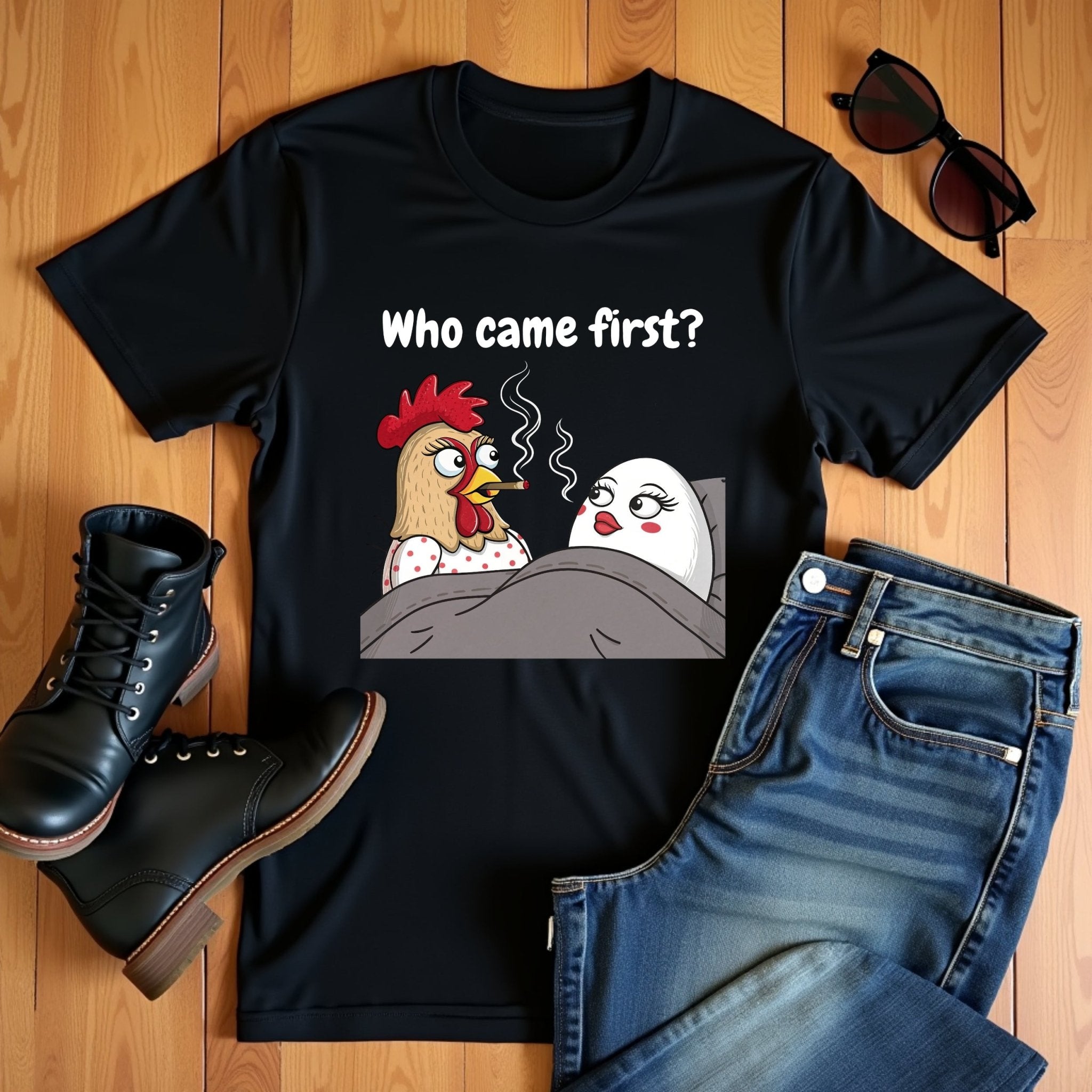 Funny Chicken and Egg in Bed T-Shirt, Comical Hen and Egg Smoking Design, Hilarious Graphic Tee, Unique Gift for Poultry Lovers - Craig Michael Design
