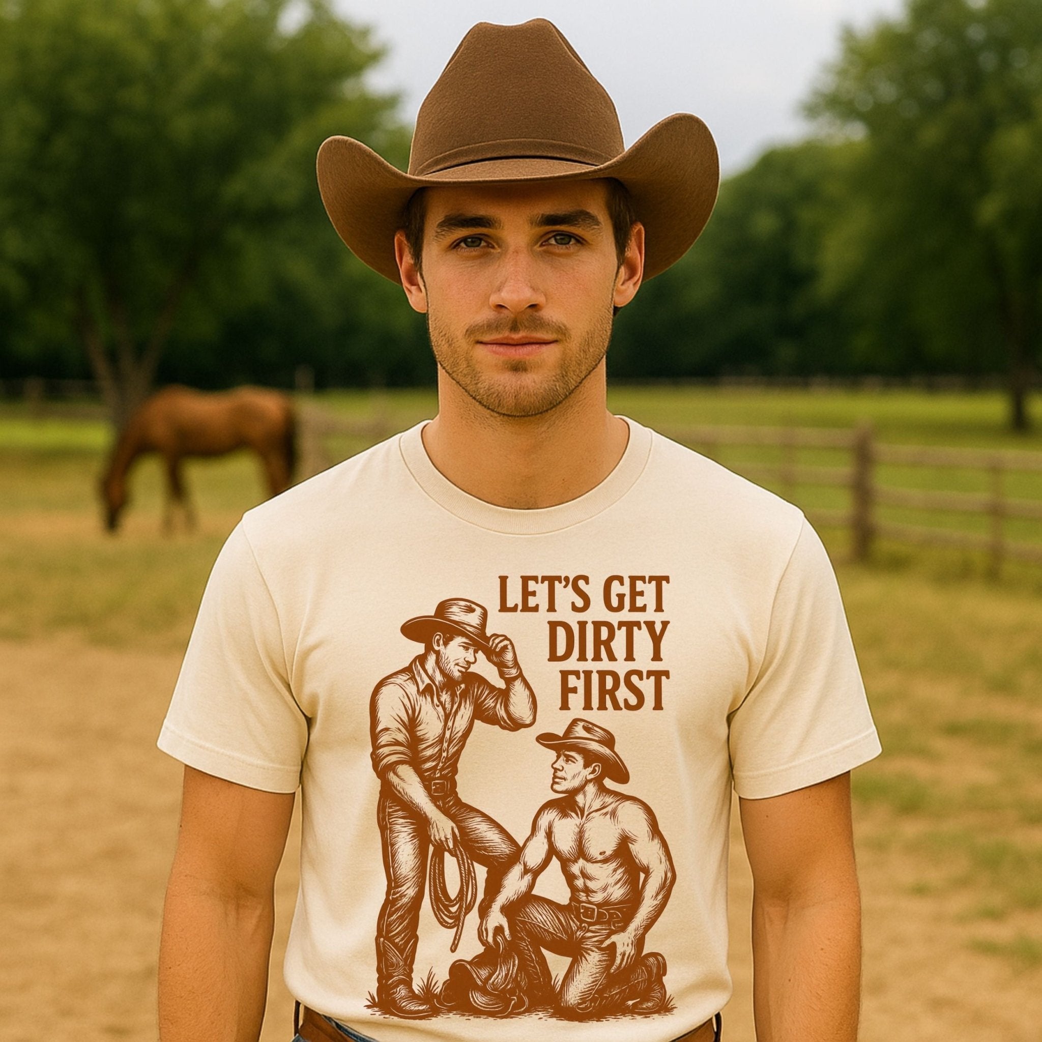 Funny Gay Cowboy Shirt, 'Let’s Get Dirty Firs't Tee, Sexy Mlm Western T-Shirt - Craig Michael Design
