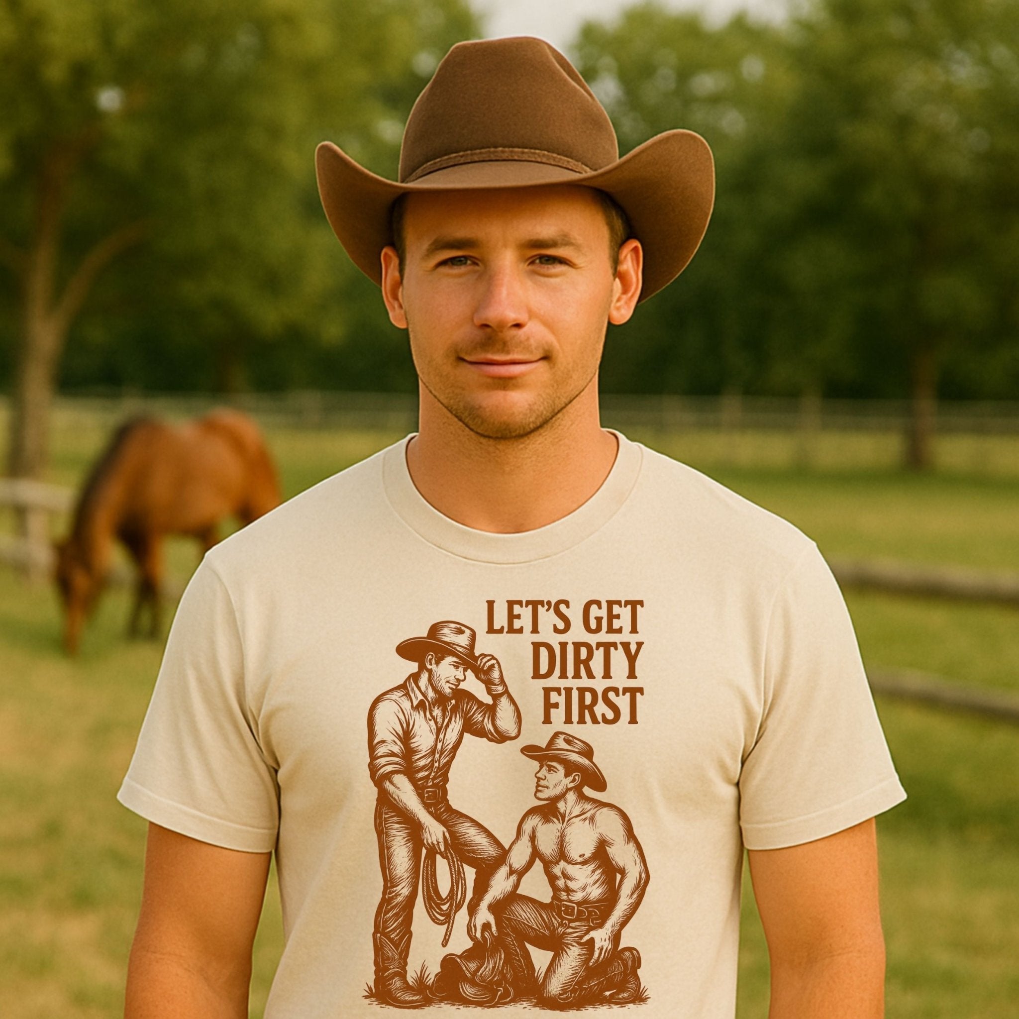 Funny Gay Cowboy Shirt, 'Let’s Get Dirty Firs't Tee, Sexy Mlm Western T-Shirt - Craig Michael Design