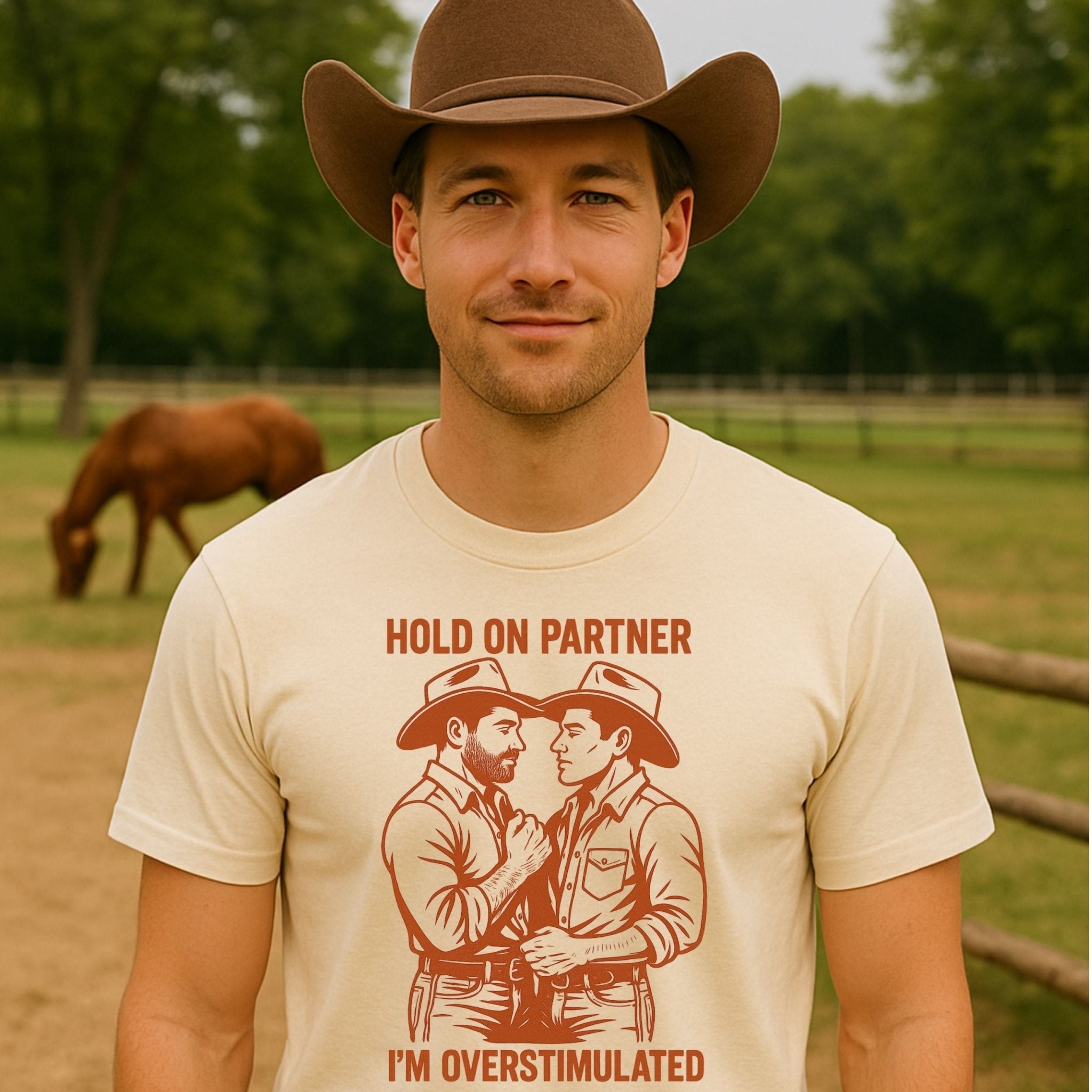 Funny Gay Cowboy Shirt, Overstimulated Pride Tee, Retro Mlm T-Shirt, Sexy Gay Gift for Him, Hold On Partner Cowboy Top - Craig Michael Design
