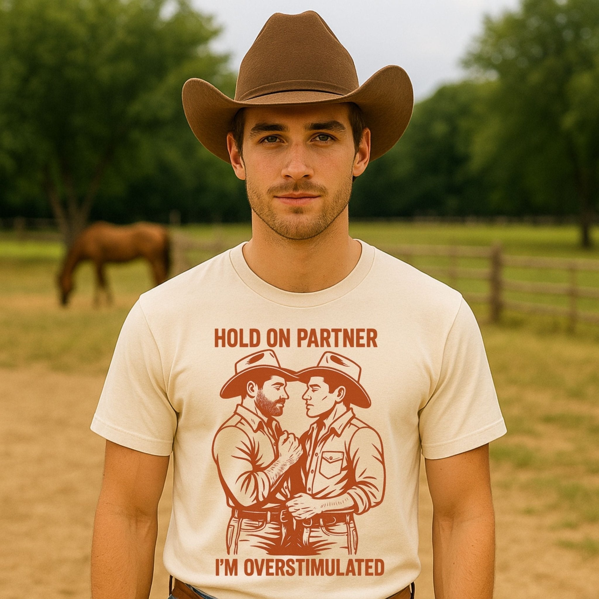 Funny Gay Cowboy Shirt, Overstimulated Pride Tee, Retro Mlm T-Shirt, Sexy Gay Gift for Him, Hold On Partner Cowboy Top - Craig Michael Design