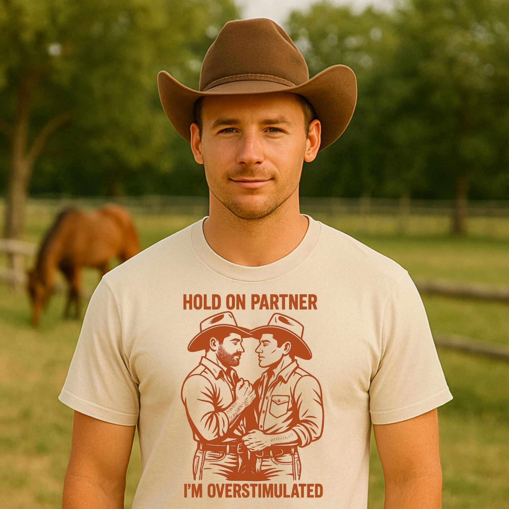 Funny Gay Cowboy Shirt, Overstimulated Pride Tee, Retro Mlm T-Shirt, Sexy Gay Gift for Him, Hold On Partner Cowboy Top - Craig Michael Design