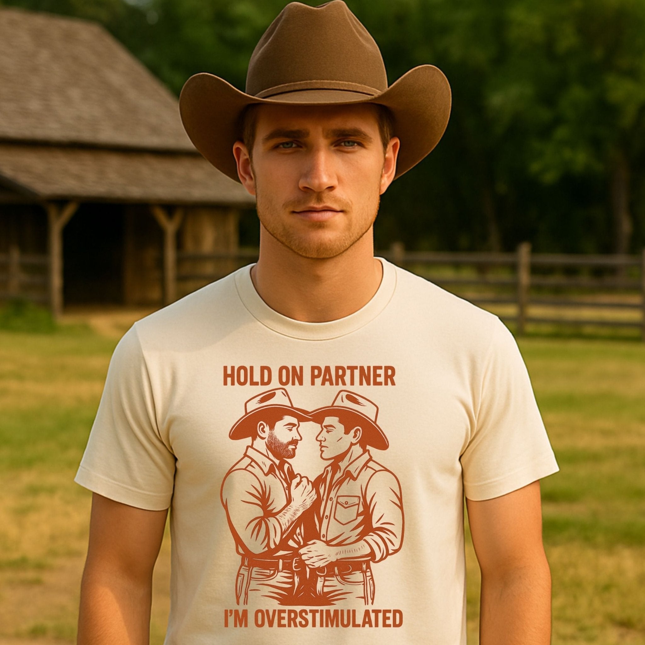 Funny Gay Cowboy Shirt, Overstimulated Pride Tee, Retro Mlm T-Shirt, Sexy Gay Gift for Him, Hold On Partner Cowboy Top - Craig Michael Design