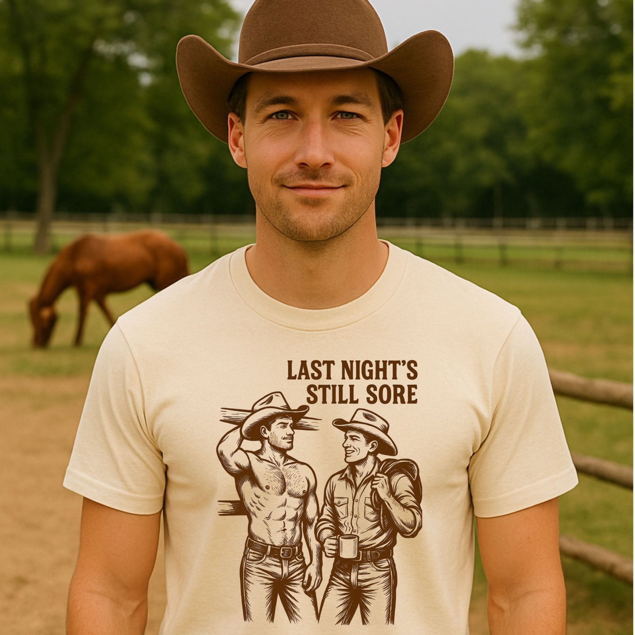 Funny Gay Cowboy Shirt, Sexy Mlm Muscle T-Shirt, Vintage Western Pride Tee, Gay Gift for Him, Last Night’s Still Sore Top - Craig Michael Design