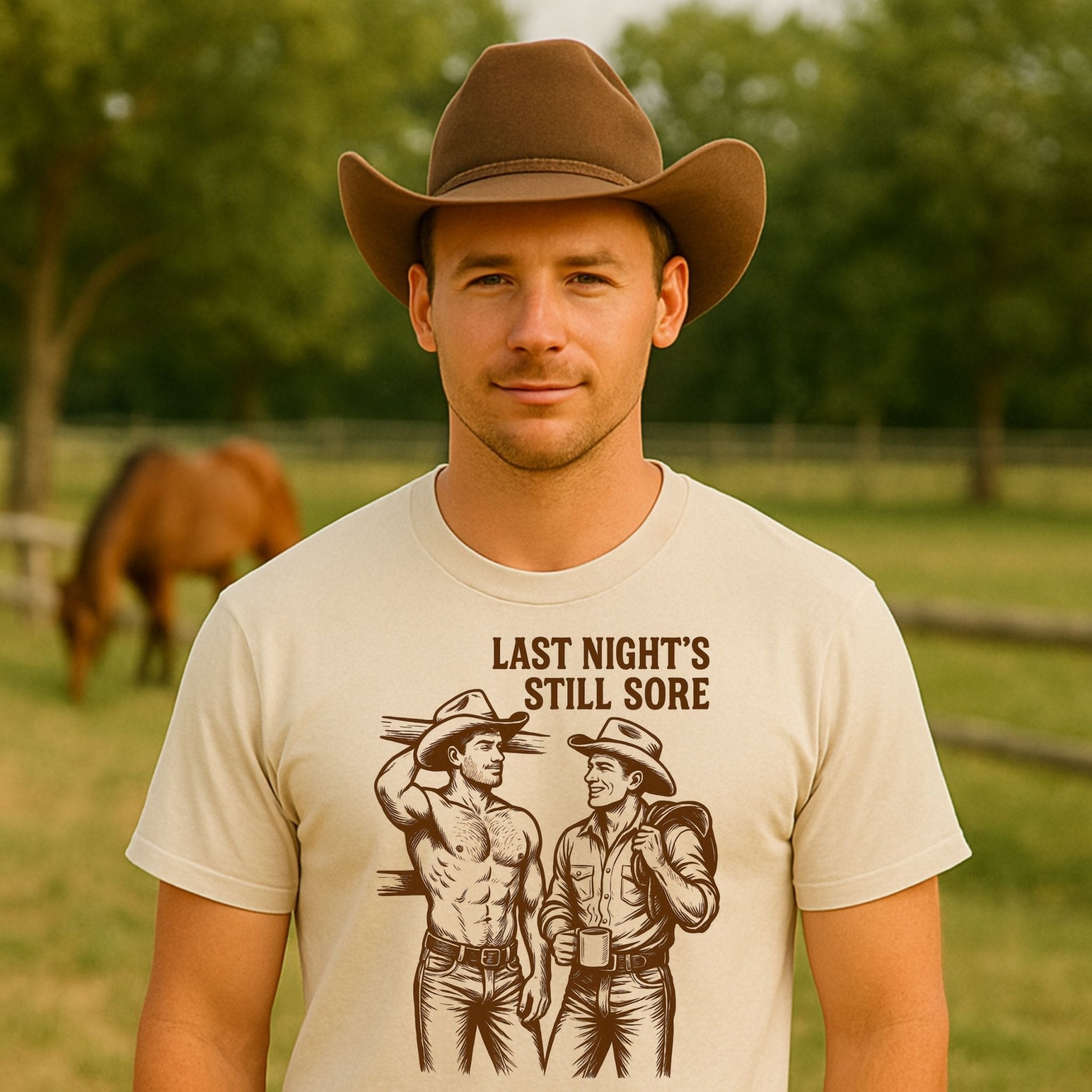 Funny Gay Cowboy Shirt, Sexy Mlm Muscle T-Shirt, Vintage Western Pride Tee, Gay Gift for Him, Last Night’s Still Sore Top - Craig Michael Design