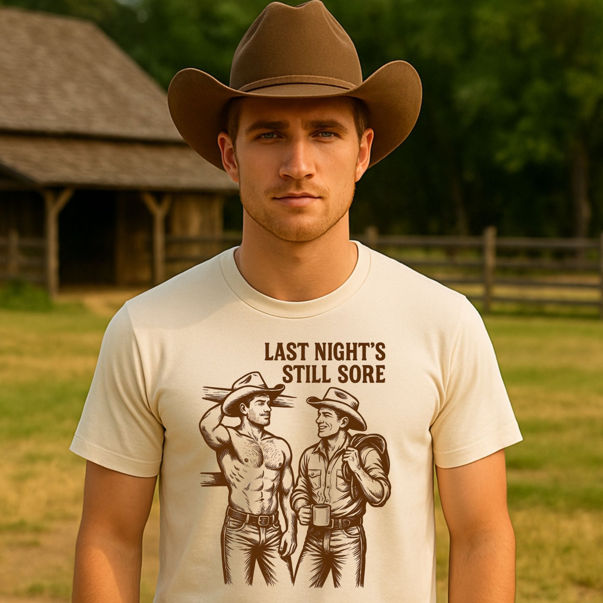 Funny Gay Cowboy Shirt, Sexy Mlm Muscle T-Shirt, Vintage Western Pride Tee, Gay Gift for Him, Last Night’s Still Sore Top - Craig Michael Design