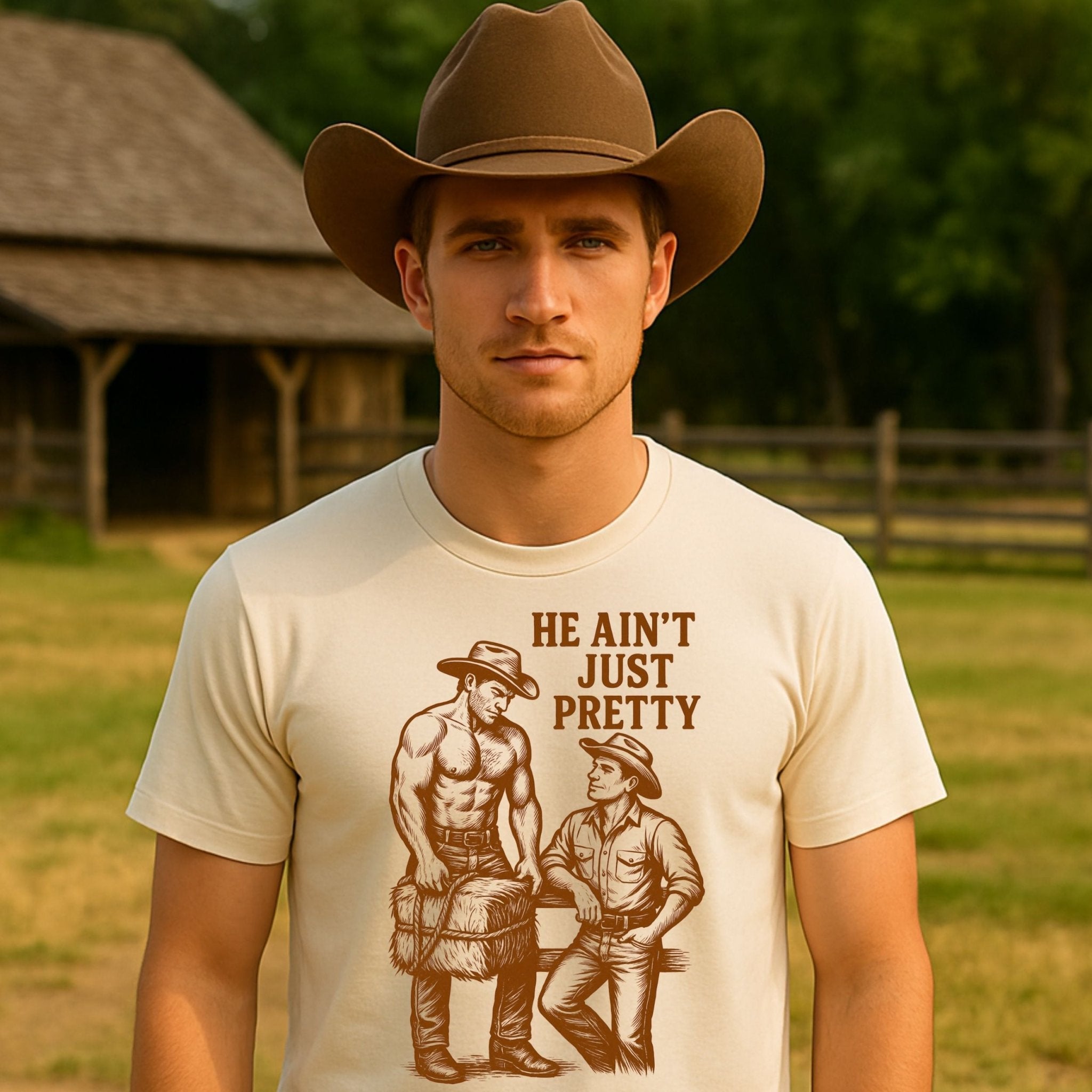 Gay Cowboy Shirt, Funny Mlm Muscle Tee, 'He Aint Just Pretty' - Craig Michael Design