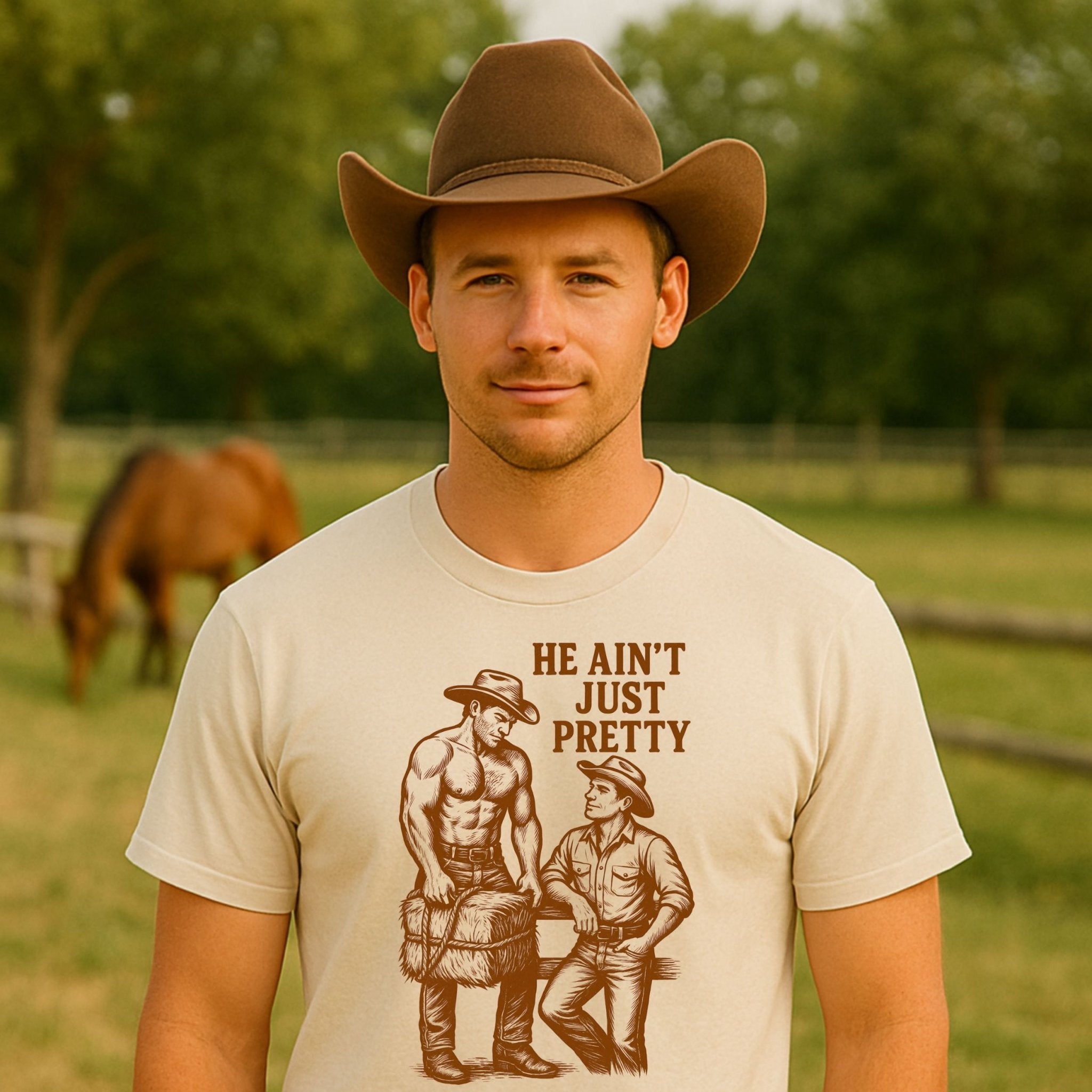 Gay Cowboy Shirt, Funny Mlm Muscle Tee, 'He Aint Just Pretty' - Craig Michael Design