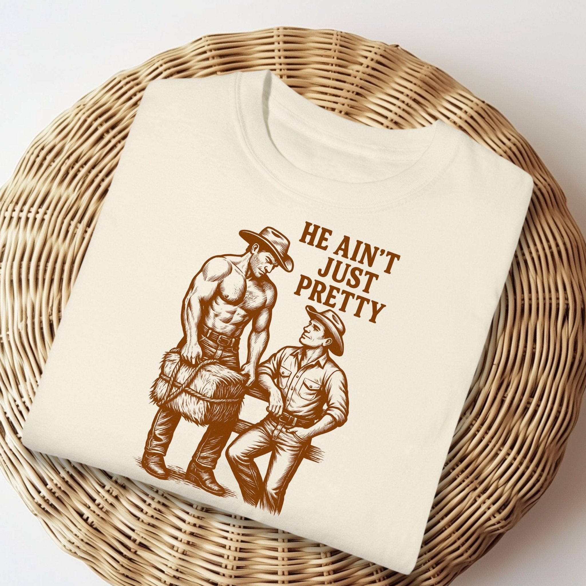 Gay Cowboy Shirt, Funny Mlm Muscle Tee, 'He Aint Just Pretty' - Craig Michael Design