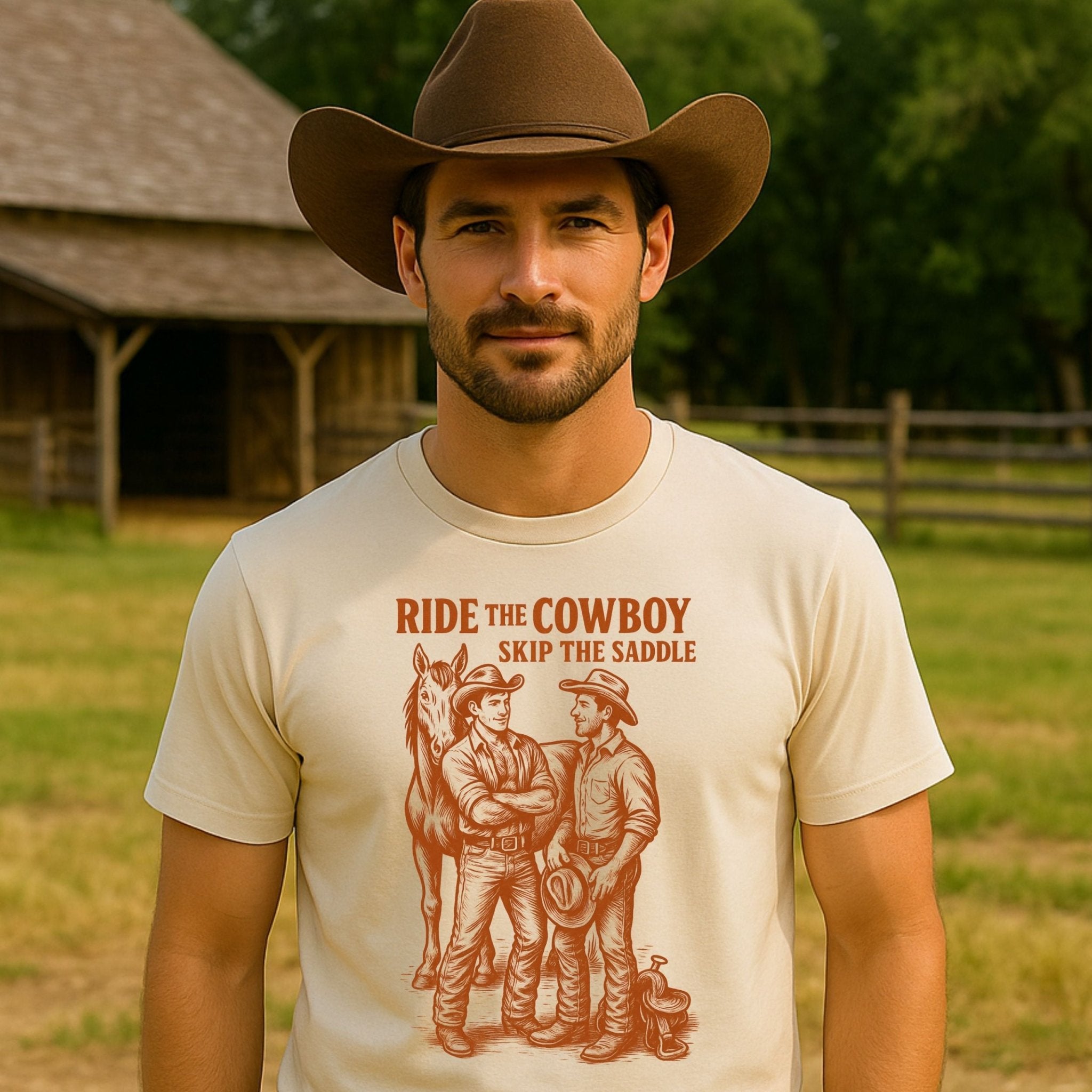 Gay Cowboy Shirt, Funny Mlm Pride Tee, 'Ride the Cowboy Skip the Saddle' - Craig Michael Design