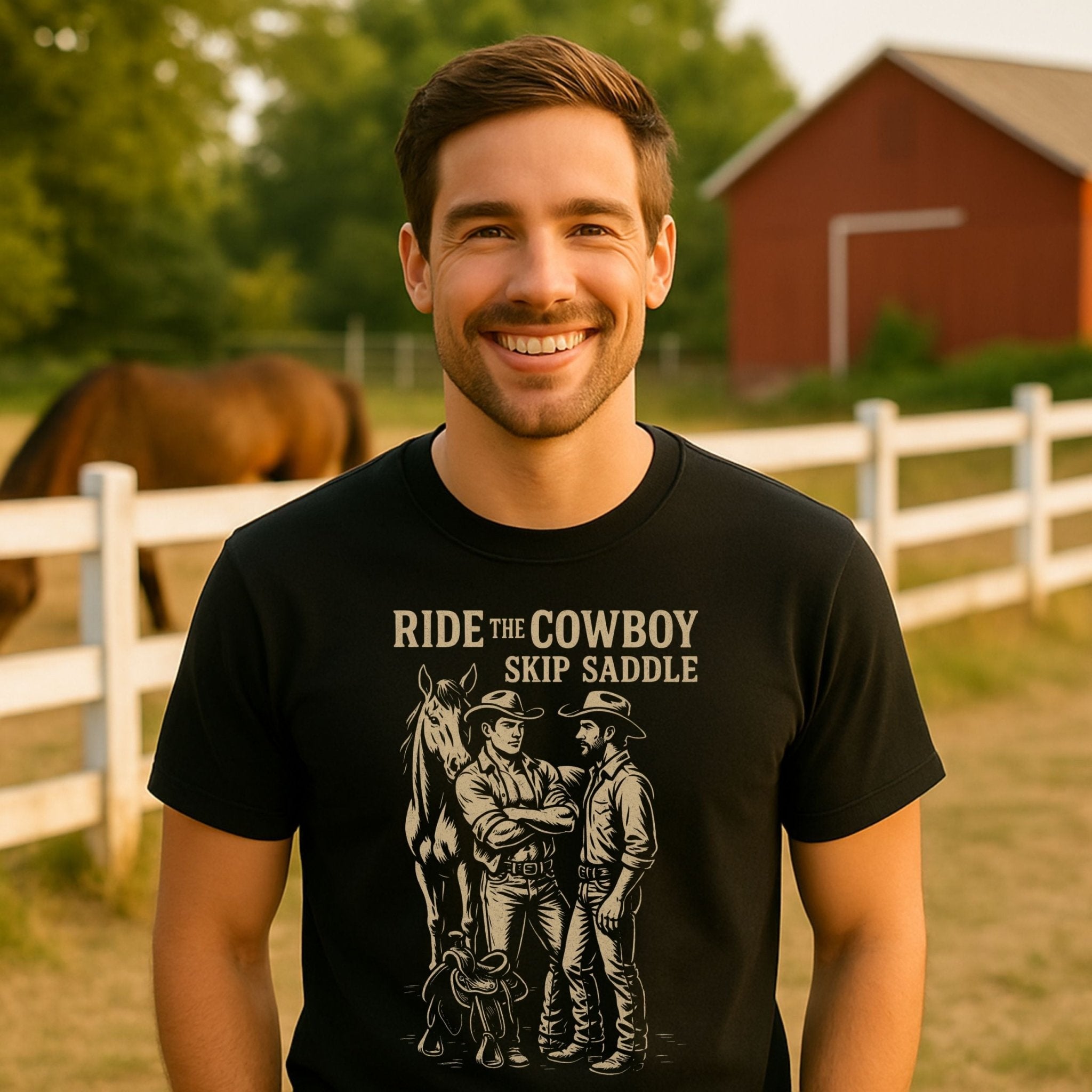 Gay Cowboy Shirt, Funny Mlm Pride Tee, 'Ride the Cowboy Skip the Saddle' - Craig Michael Design