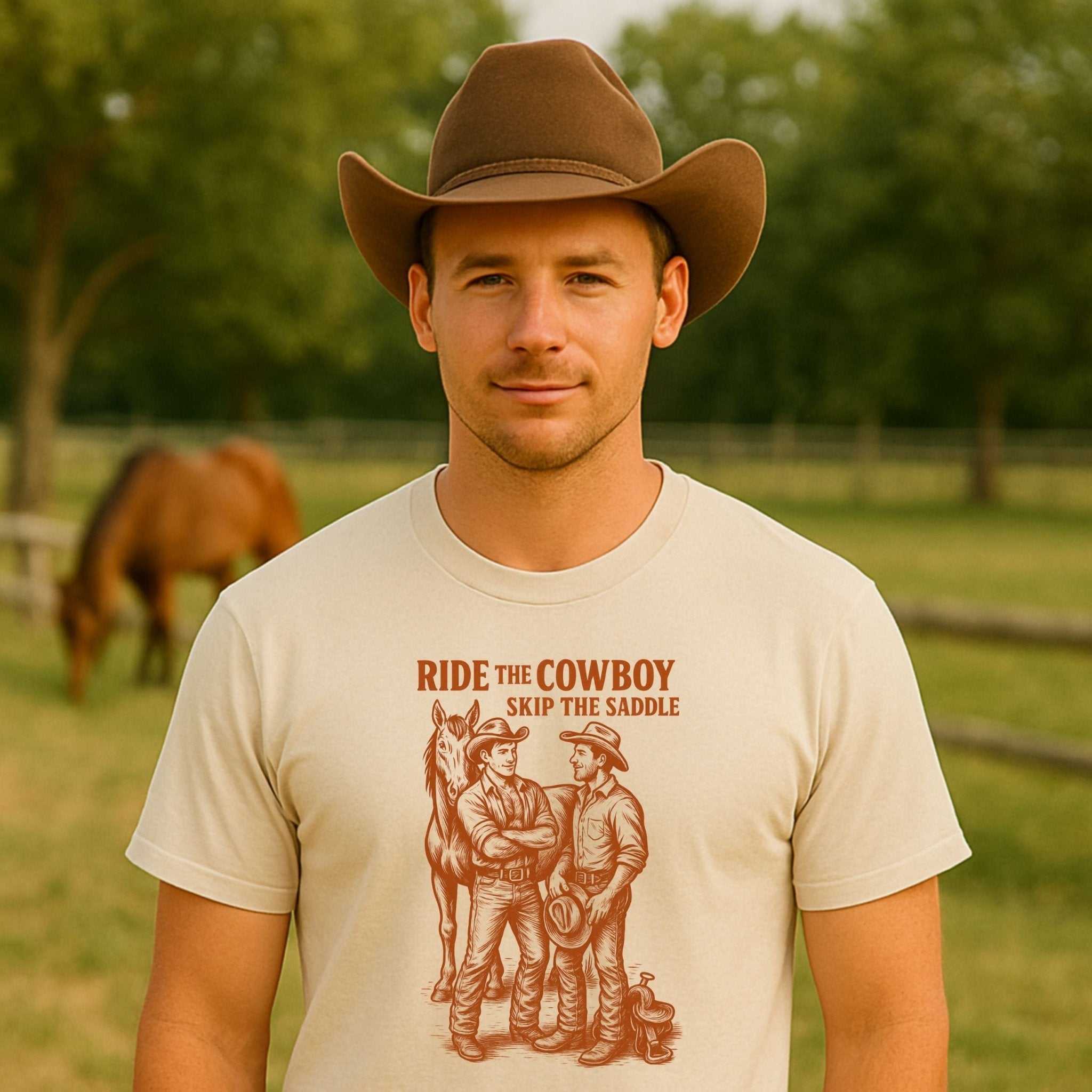 Gay Cowboy Shirt, Funny Mlm Pride Tee, 'Ride the Cowboy Skip the Saddle' - Craig Michael Design