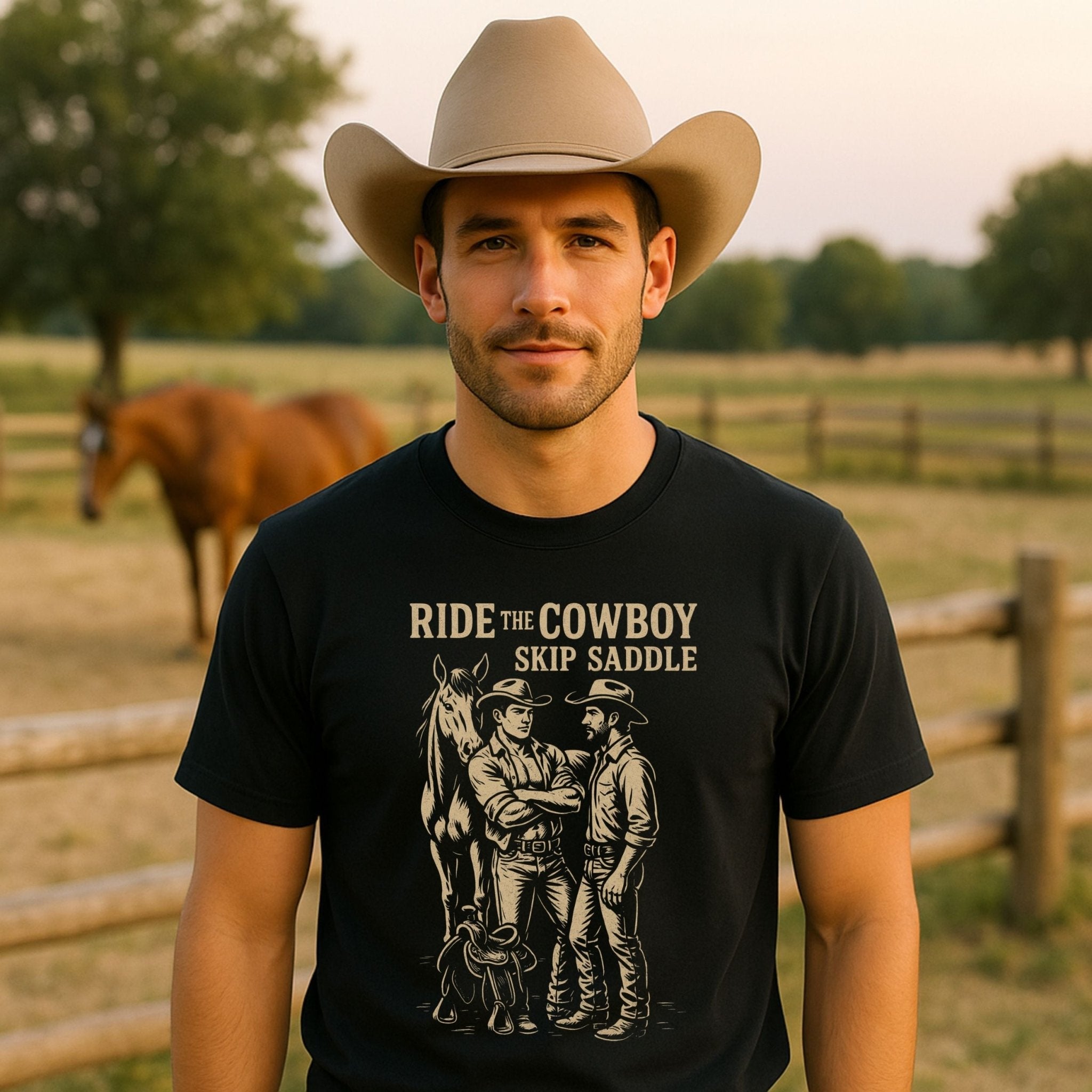 Gay Cowboy Shirt, Funny Mlm Pride Tee, 'Ride the Cowboy Skip the Saddle' - Craig Michael Design