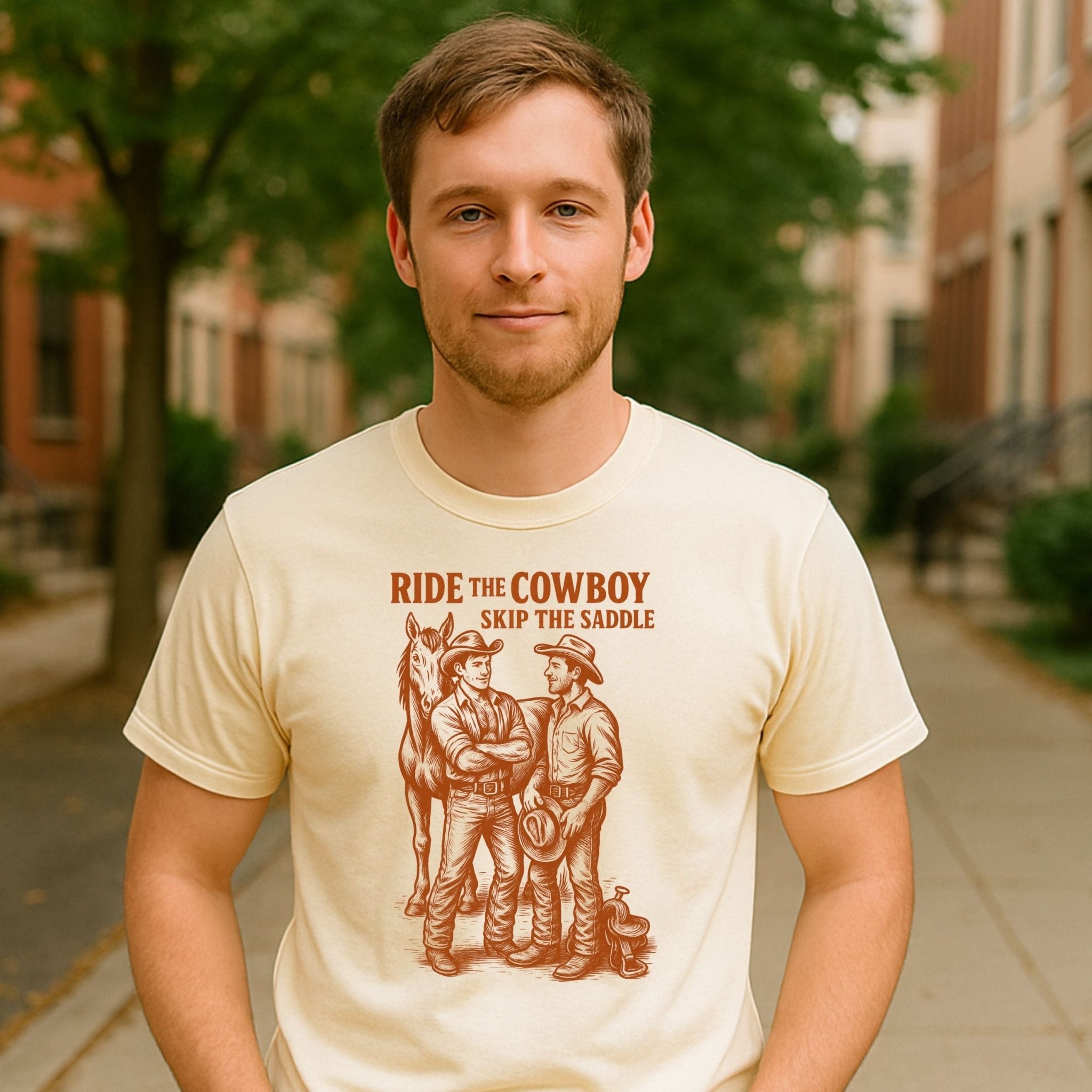 Gay Cowboy Shirt, Funny Mlm Pride Tee, 'Ride the Cowboy Skip the Saddle' - Craig Michael Design