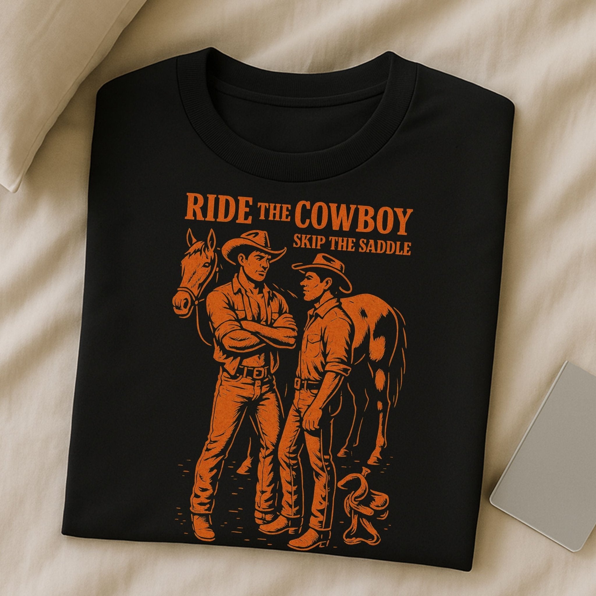 Gay Cowboy Shirt, Funny Mlm Western Tee, 'Ride the Cowboy Skip the Saddle' - Craig Michael Design
