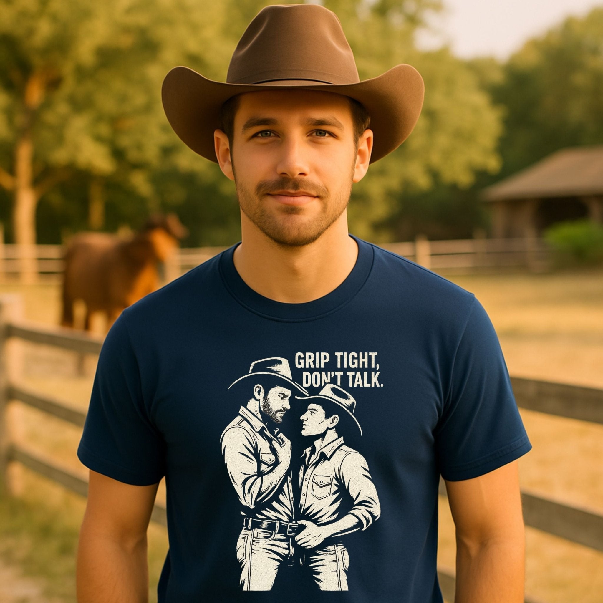 Gay Cowboy Shirt, Grip Tight Don’t Talk Tee, Masculine Gay Art T-Shirt, Sexy Rancher Top, Vintage Western Gay Pride Gift - Craig Michael Design