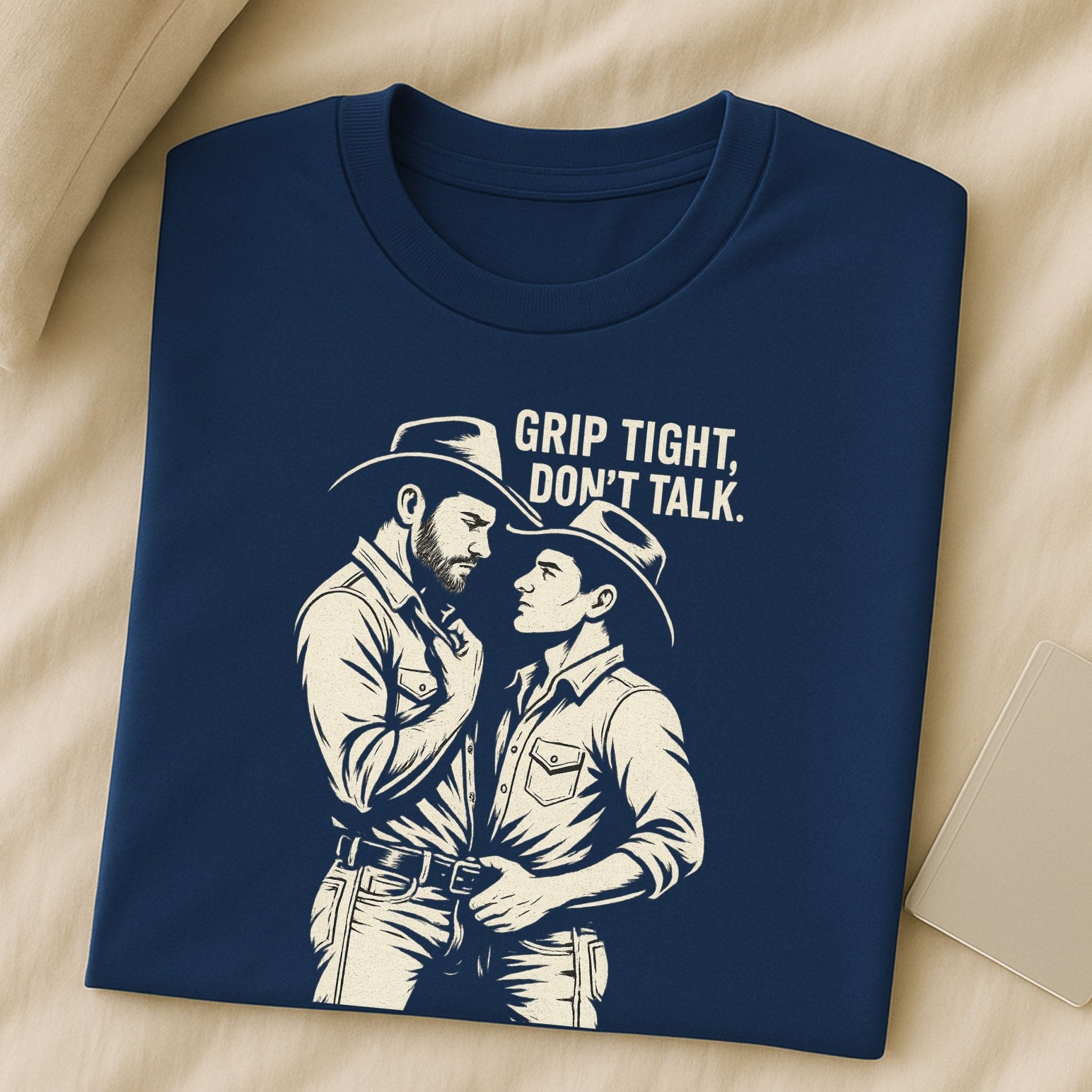 Gay Cowboy Shirt, Grip Tight Don’t Talk Tee, Masculine Gay Art T-Shirt, Sexy Rancher Top, Vintage Western Gay Pride Gift - Craig Michael Design
