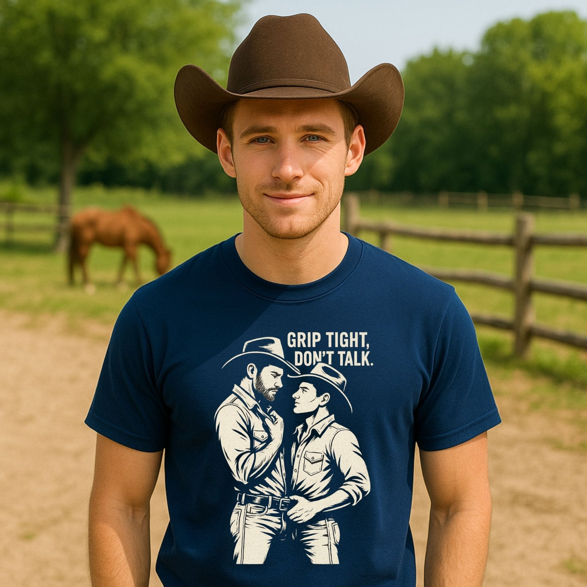 Gay Cowboy Shirt, Grip Tight Don’t Talk Tee, Masculine Gay Art T-Shirt, Sexy Rancher Top, Vintage Western Gay Pride Gift - Craig Michael Design