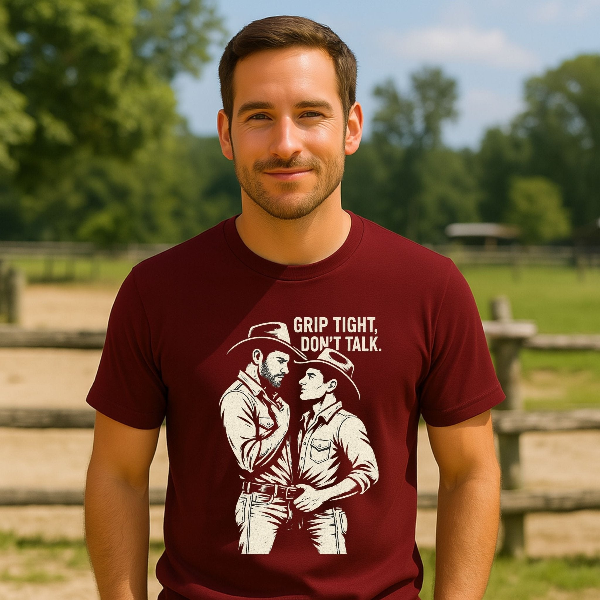 Gay Cowboy Shirt, Grip Tight Don’t Talk Tee, Masculine Gay Art T-Shirt, Sexy Rancher Top, Vintage Western Gay Pride Gift - Craig Michael Design