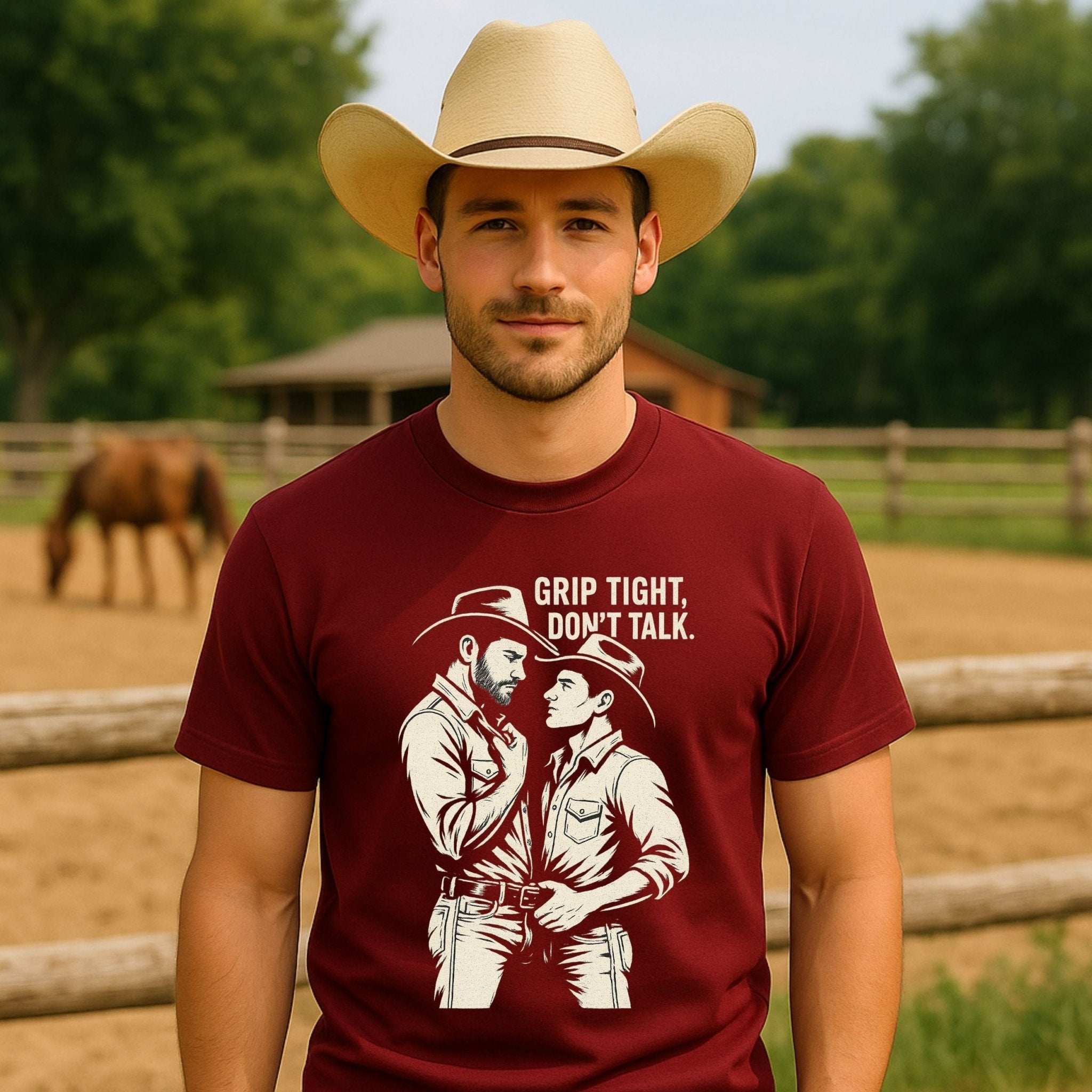 Gay Cowboy Shirt, Grip Tight Don’t Talk Tee, Masculine Gay Art T-Shirt, Sexy Rancher Top, Vintage Western Gay Pride Gift - Craig Michael Design