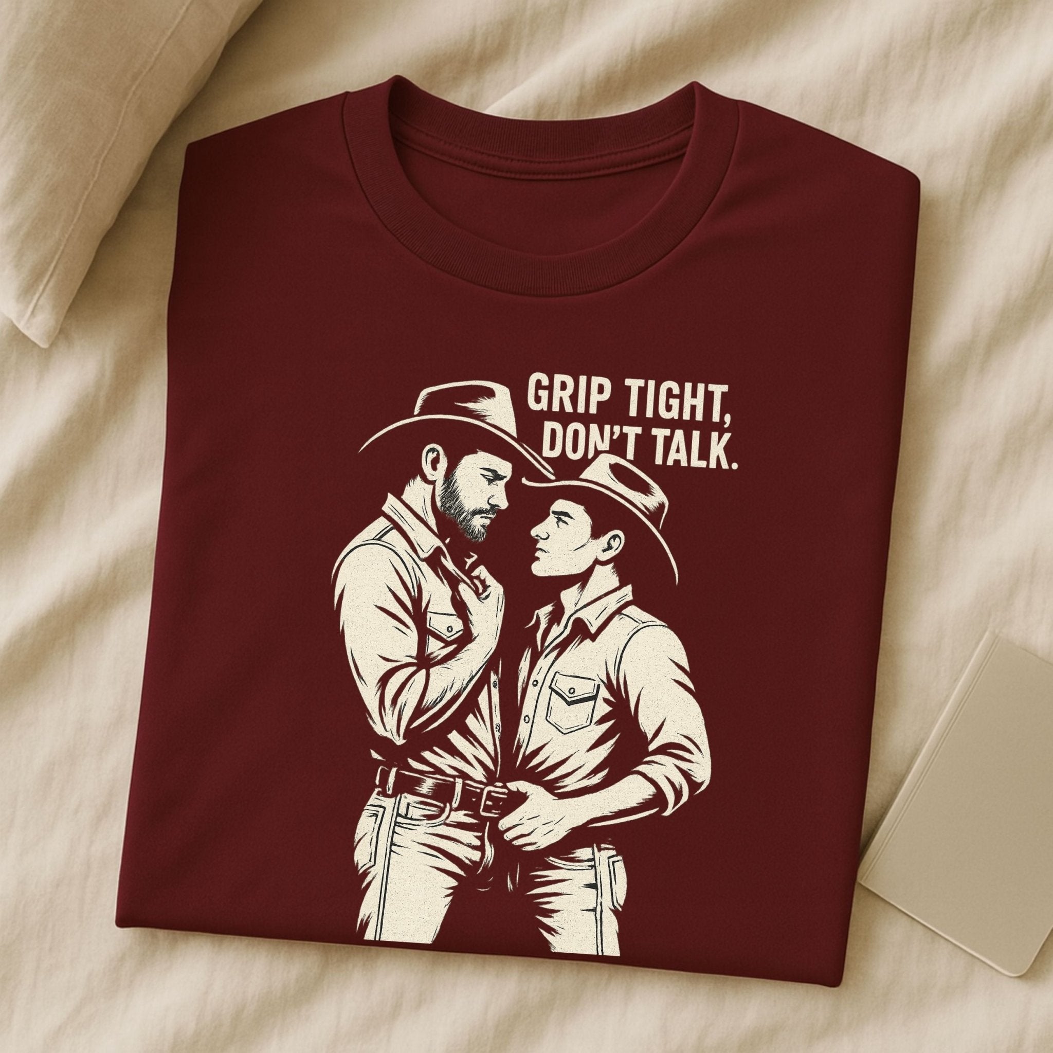 Gay Cowboy Shirt, Grip Tight Don’t Talk Tee, Masculine Gay Art T-Shirt, Sexy Rancher Top, Vintage Western Gay Pride Gift - Craig Michael Design