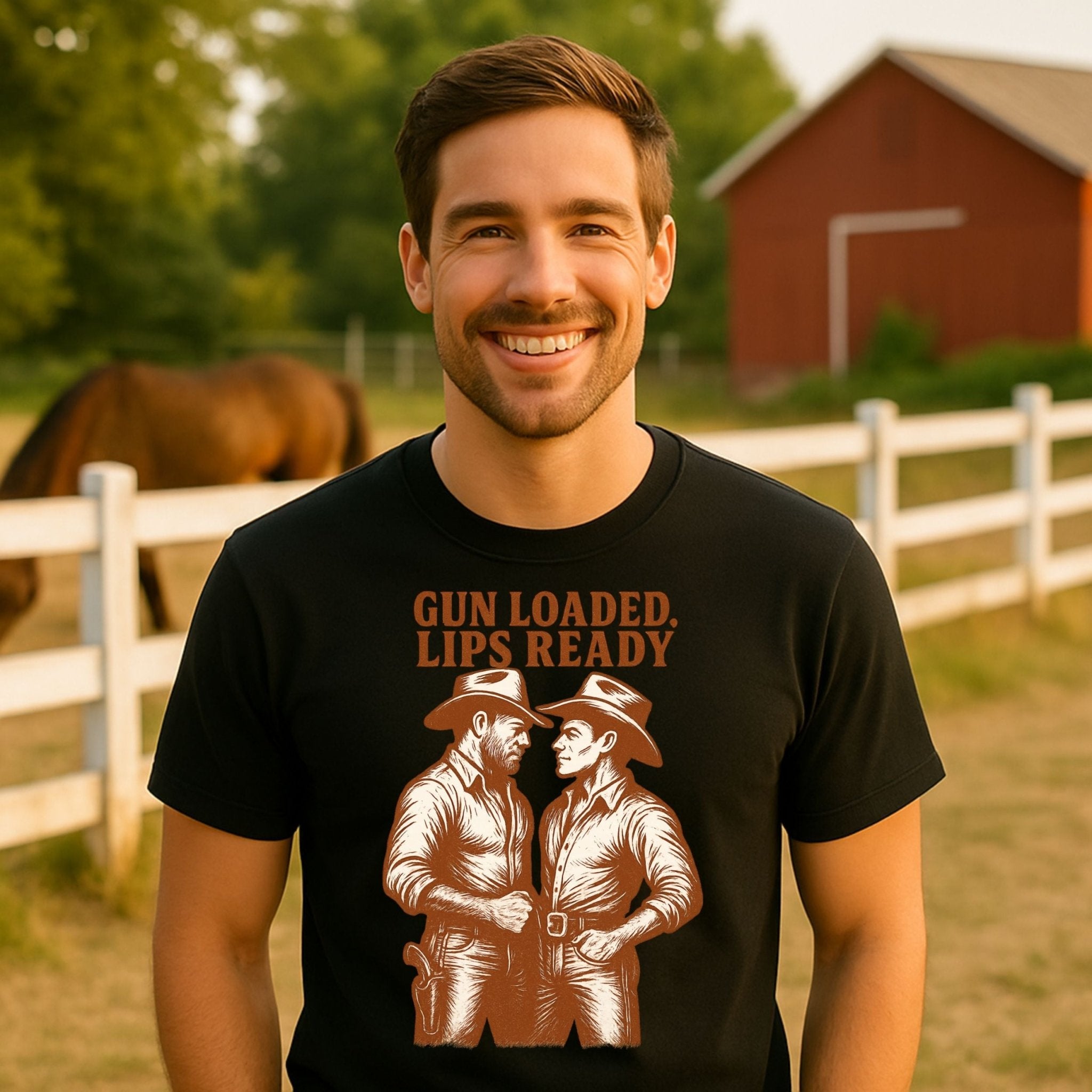 Gay Cowboy Shirt, Gun Loaded Lips Ready Tee, Sexy Western T-Shirt for Him, Rugged Romance Top, Funny LGBTQ Gift, Mlm Country Pride Tee - Craig Michael Design