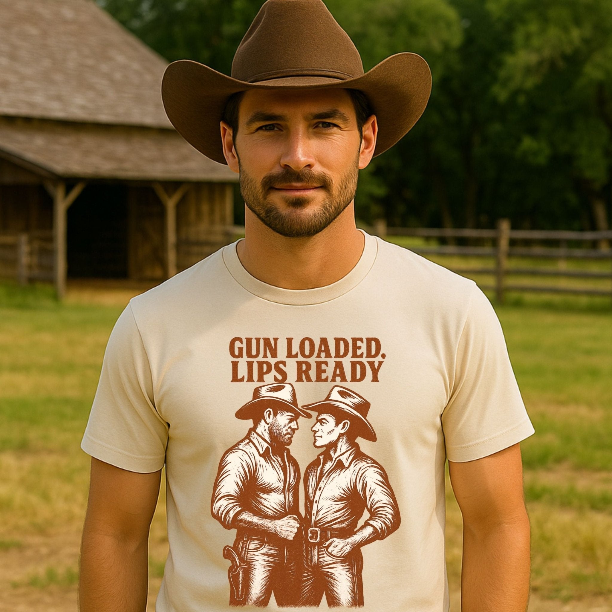 Gay Cowboy Shirt, Gun Loaded Lips Ready Tee, Sexy Western T-Shirt for Him, Rugged Romance Top, Funny LGBTQ Gift, Mlm Country Pride Tee - Craig Michael Design